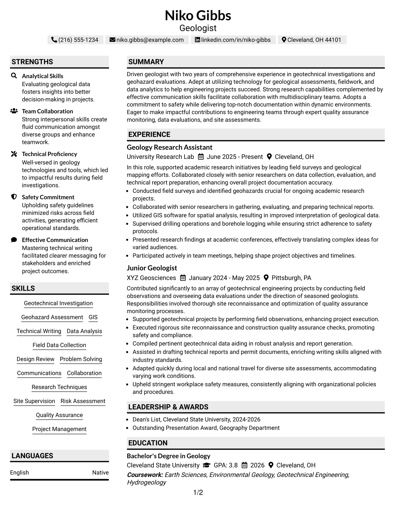 Resume Example Page 1