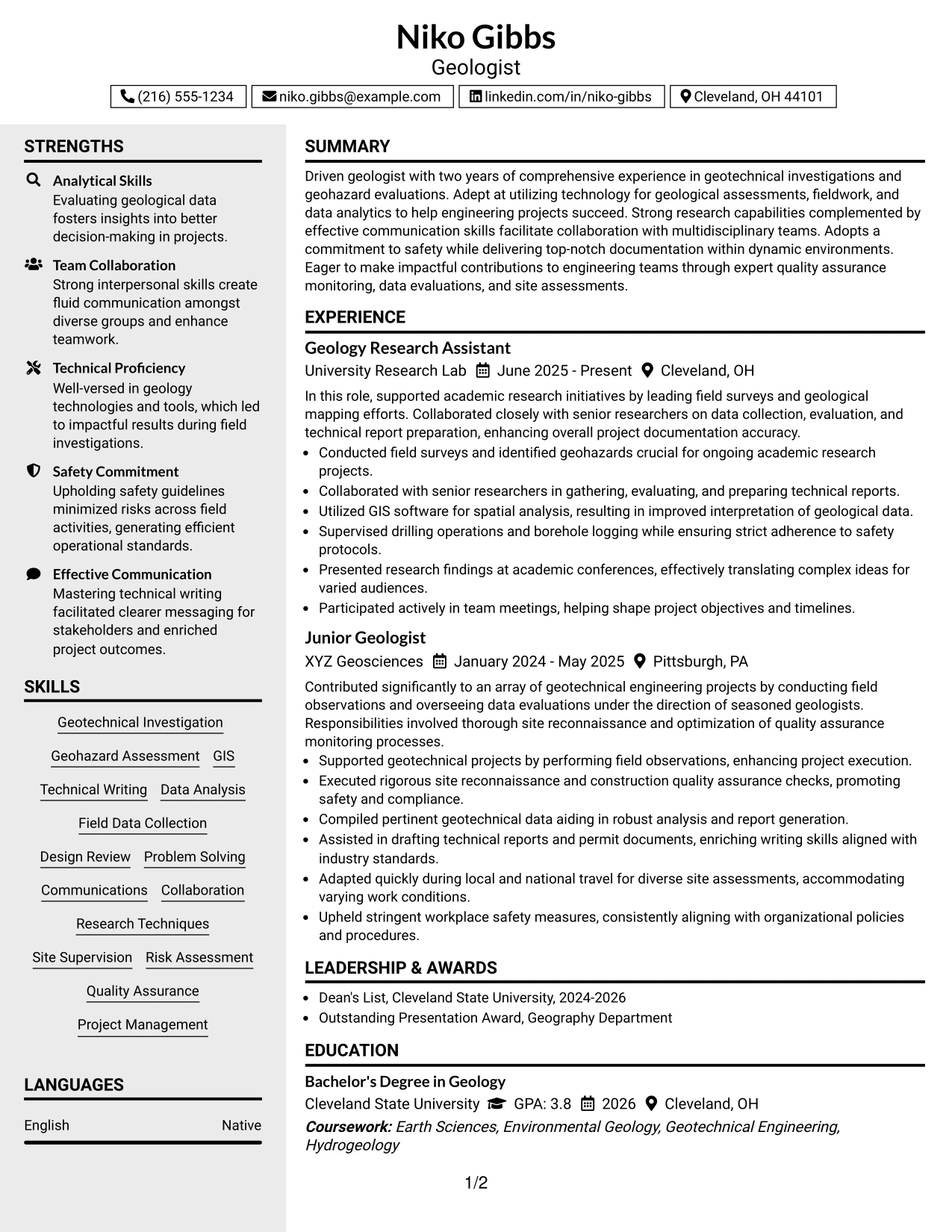 Resume Example Page 1