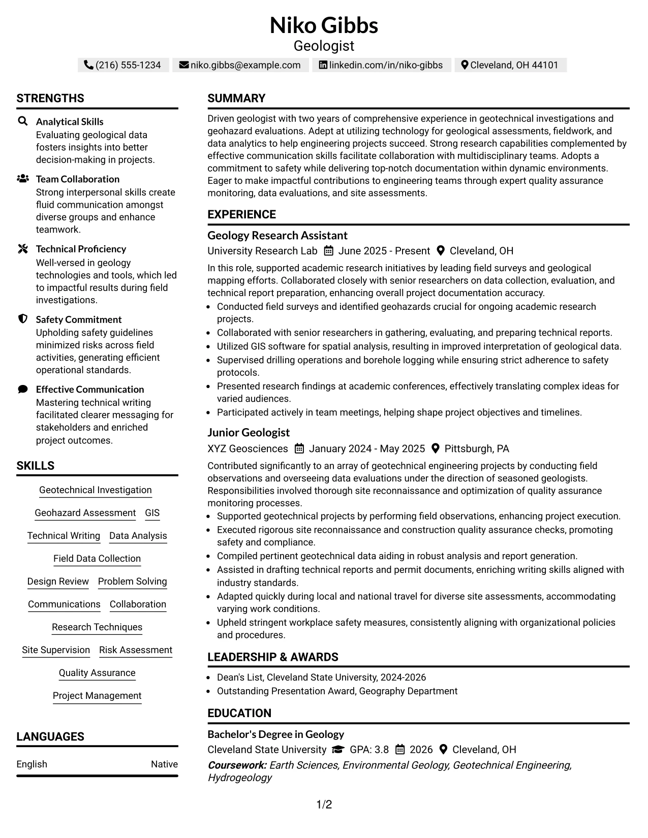Resume Example Page 1
