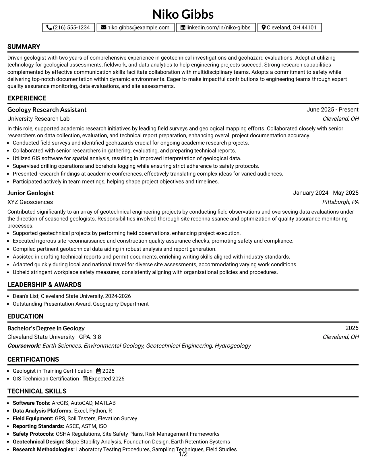 Resume Example Page 1