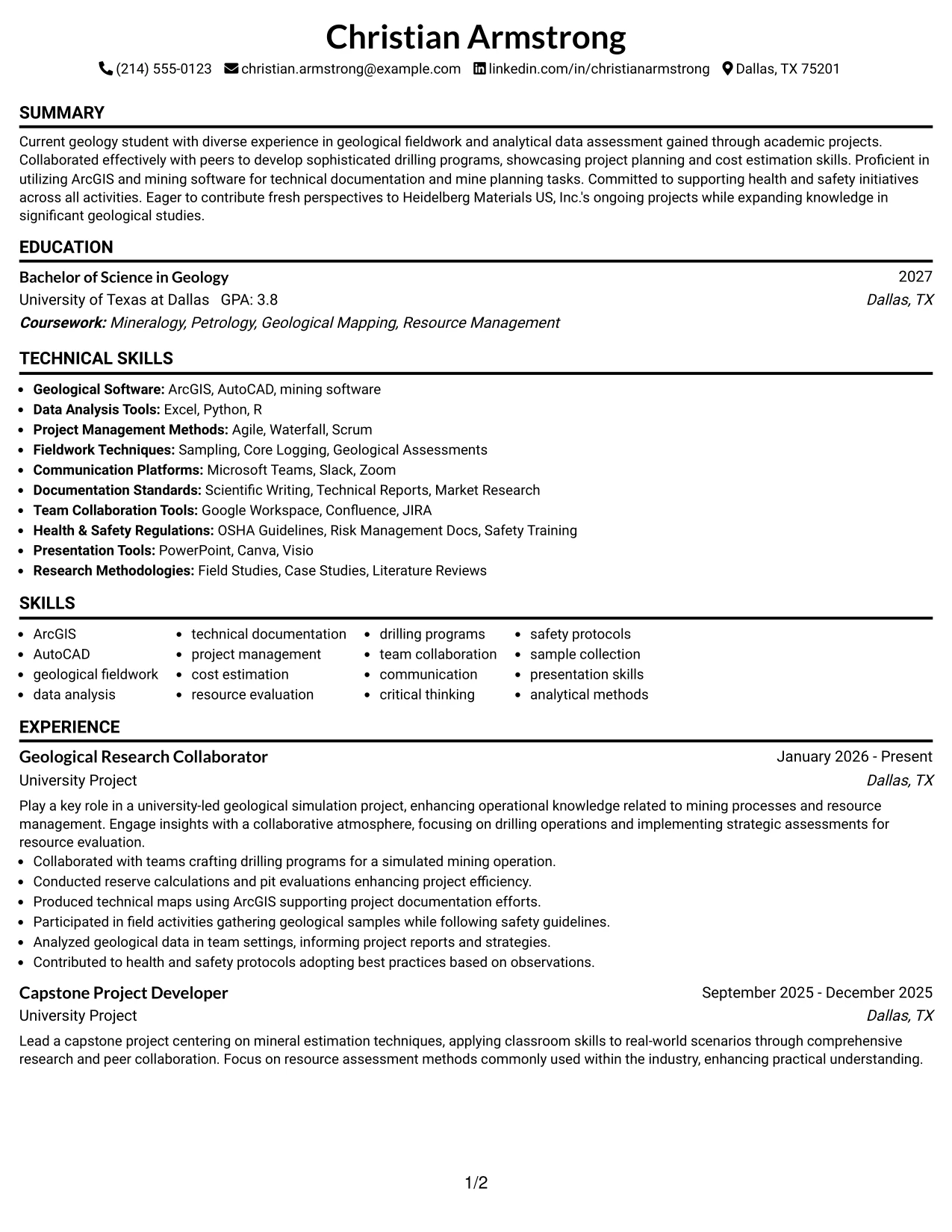 Resume Example Page 1