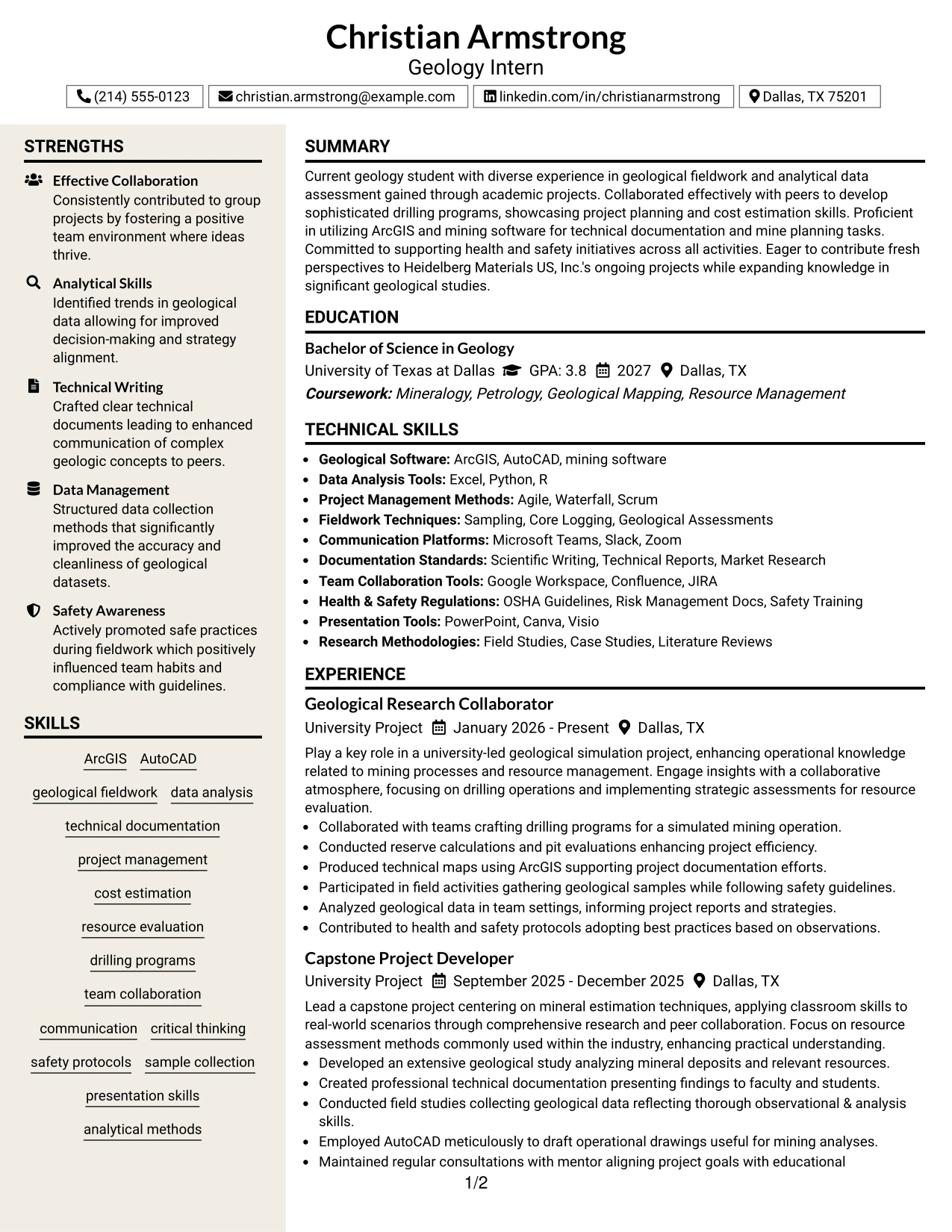 Resume Example Page 1