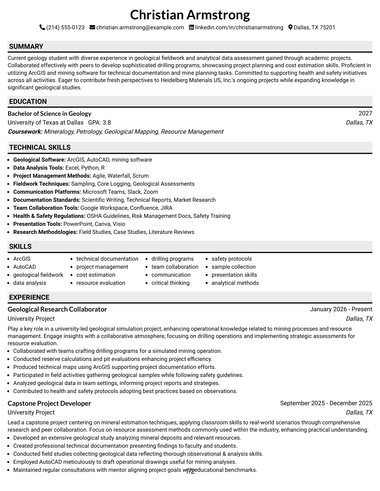 Resume Example Page 1