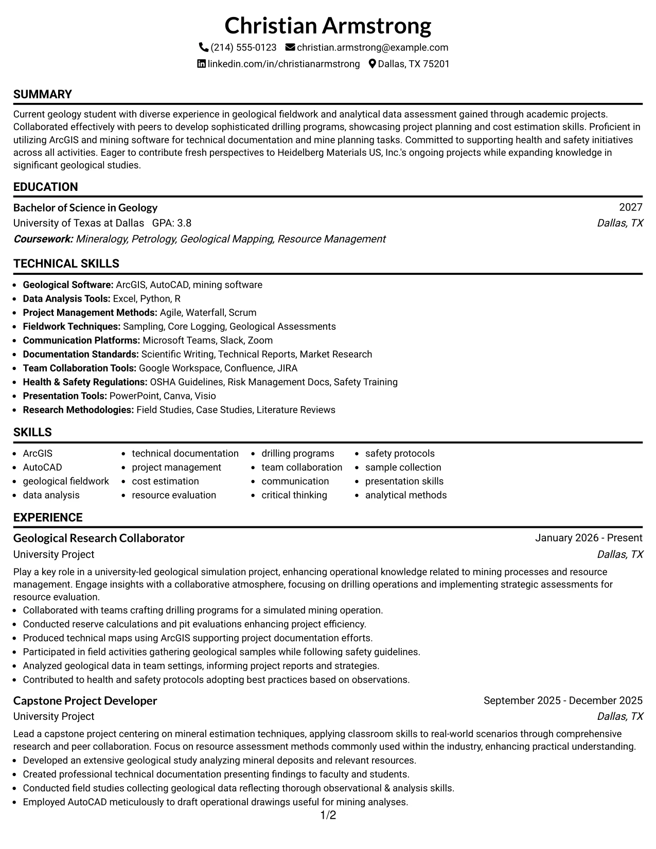 Resume Example Page 1