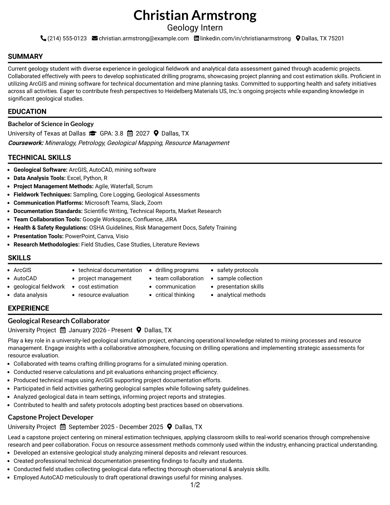 Resume Example Page 1