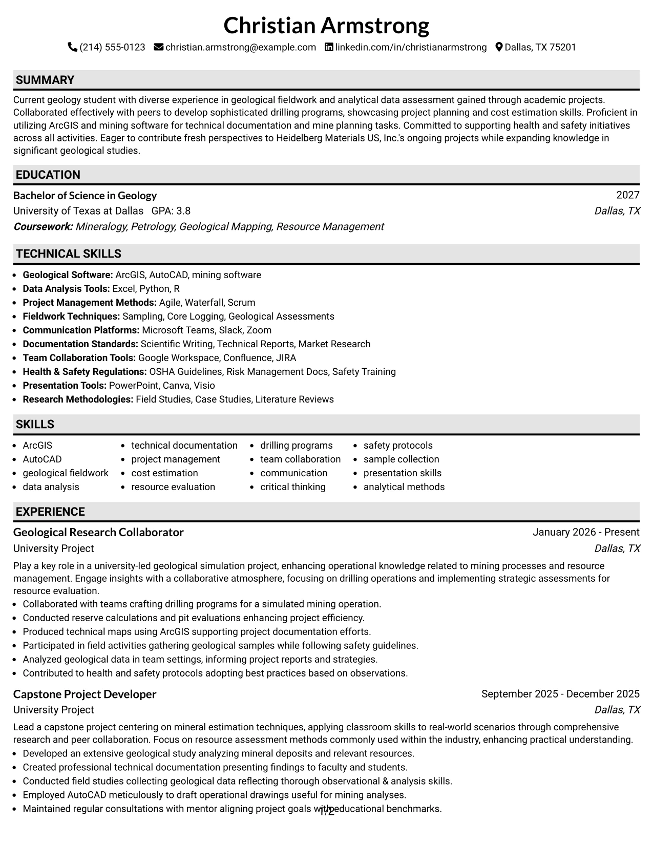 Resume Example Page 1