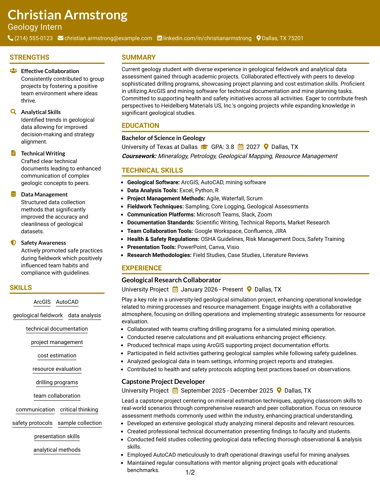 Resume Example Page 1