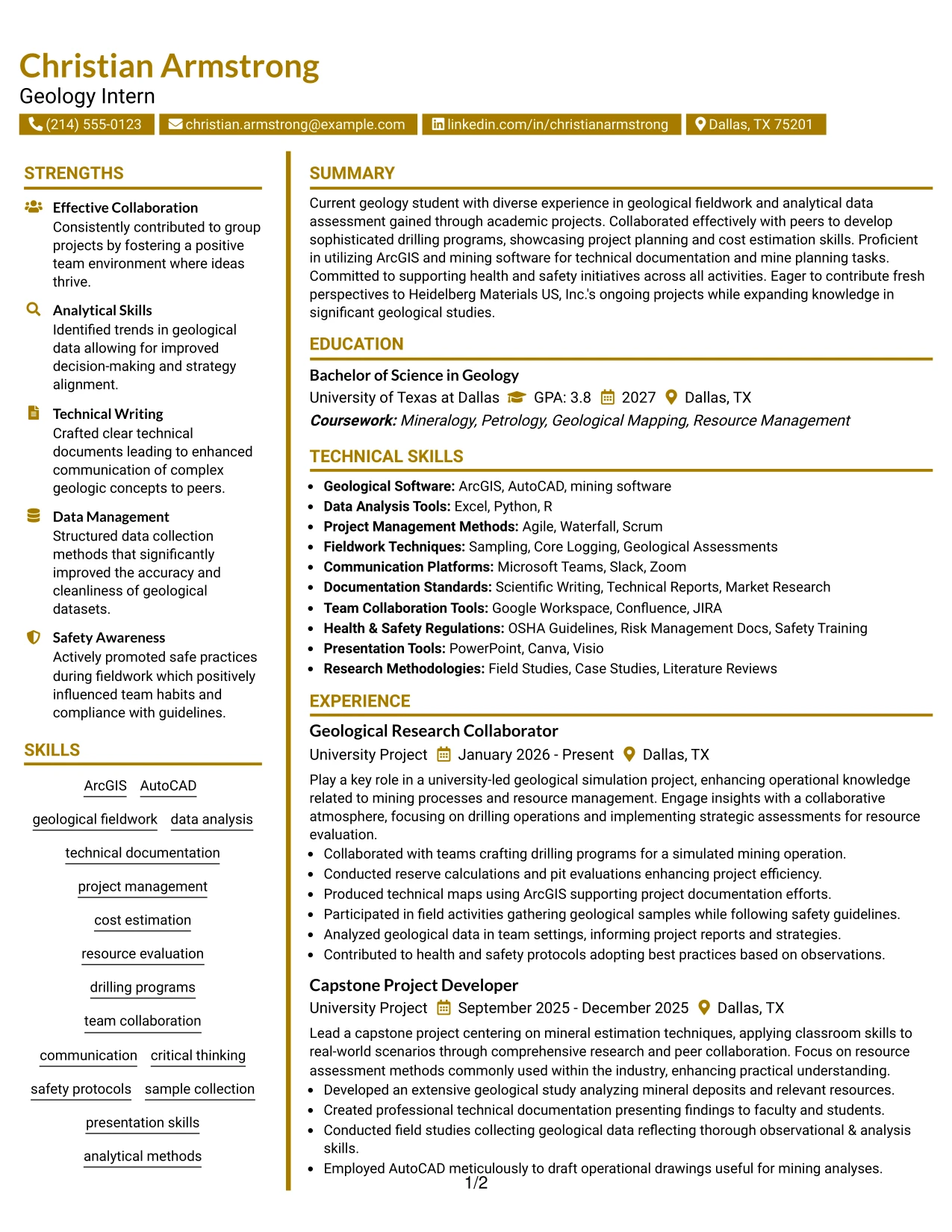 Resume Example Page 1