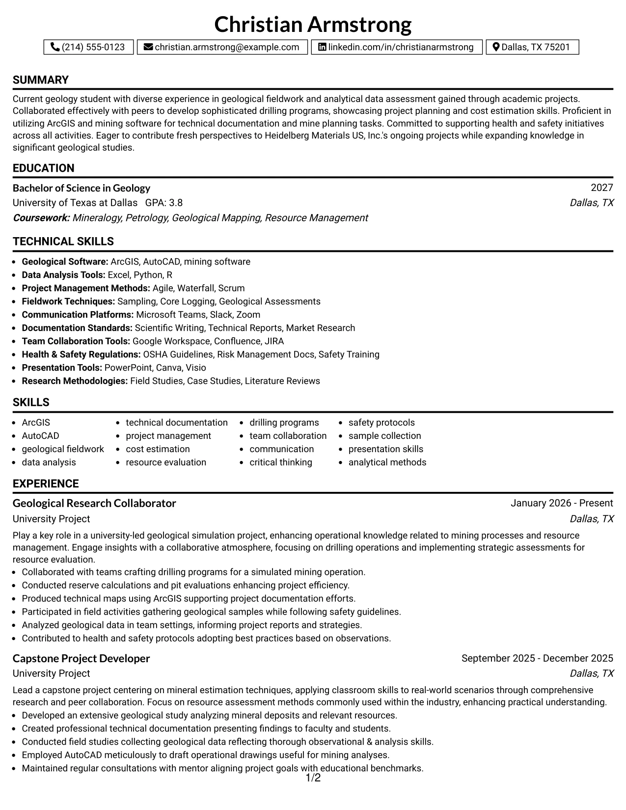 Resume Example Page 1