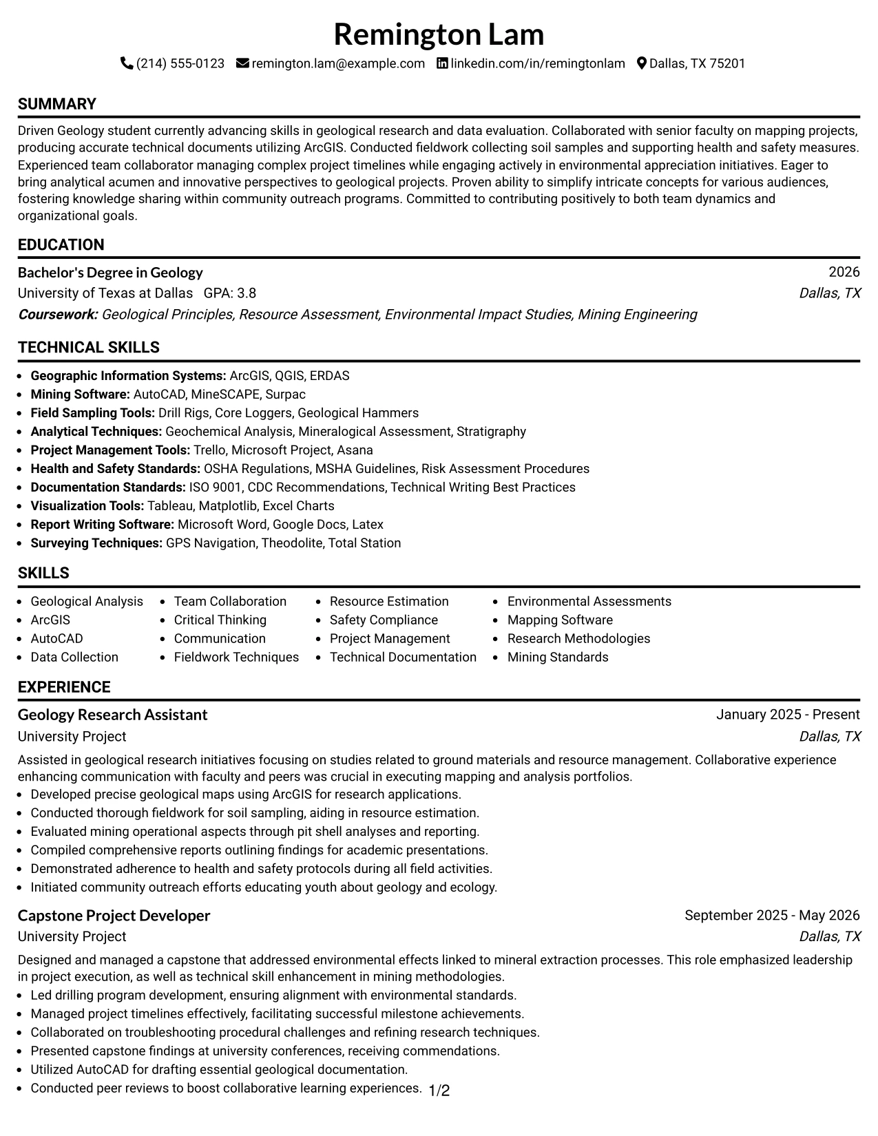 Resume Example Page 1
