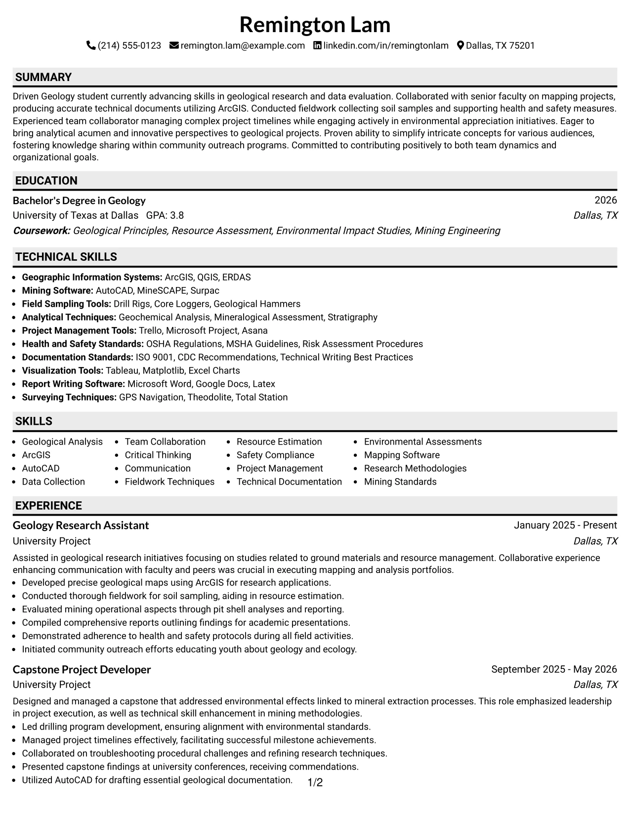 Resume Example Page 1
