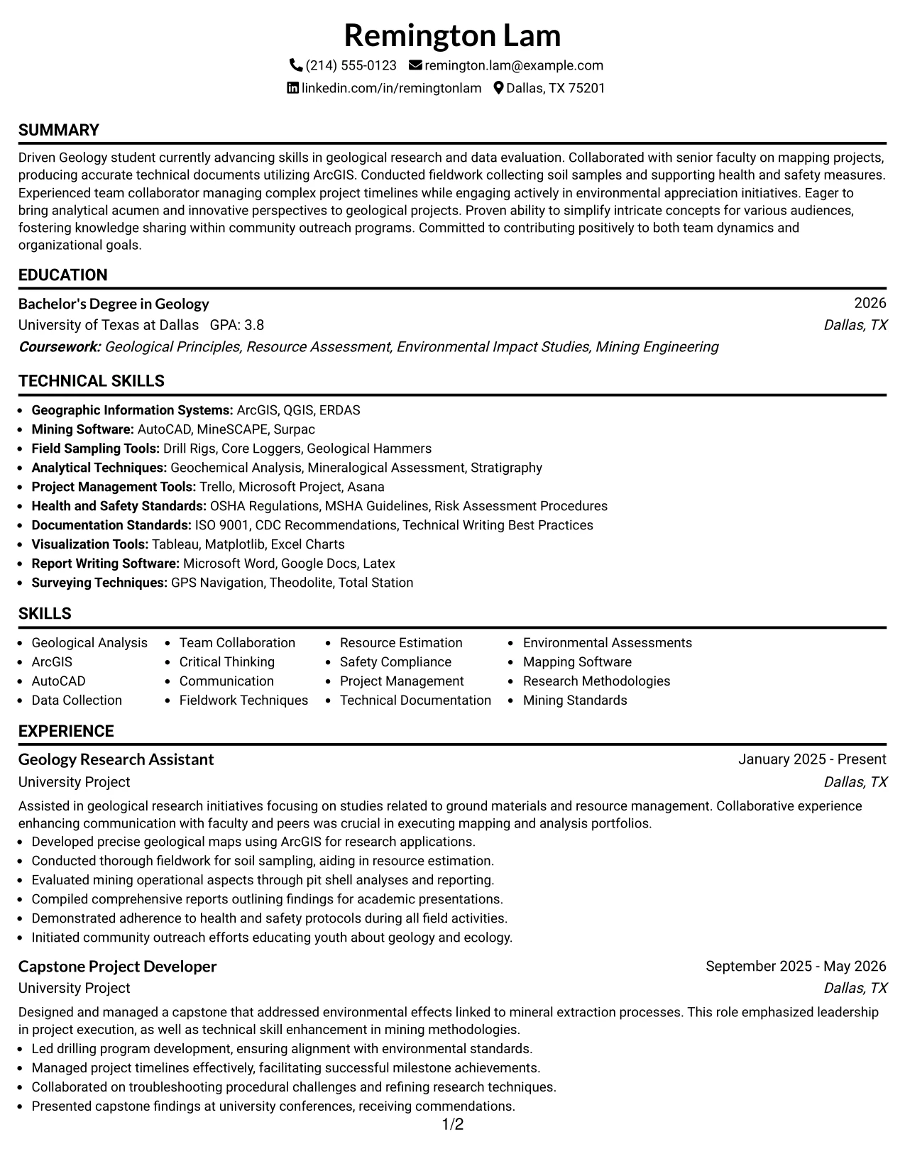 Resume Example Page 1