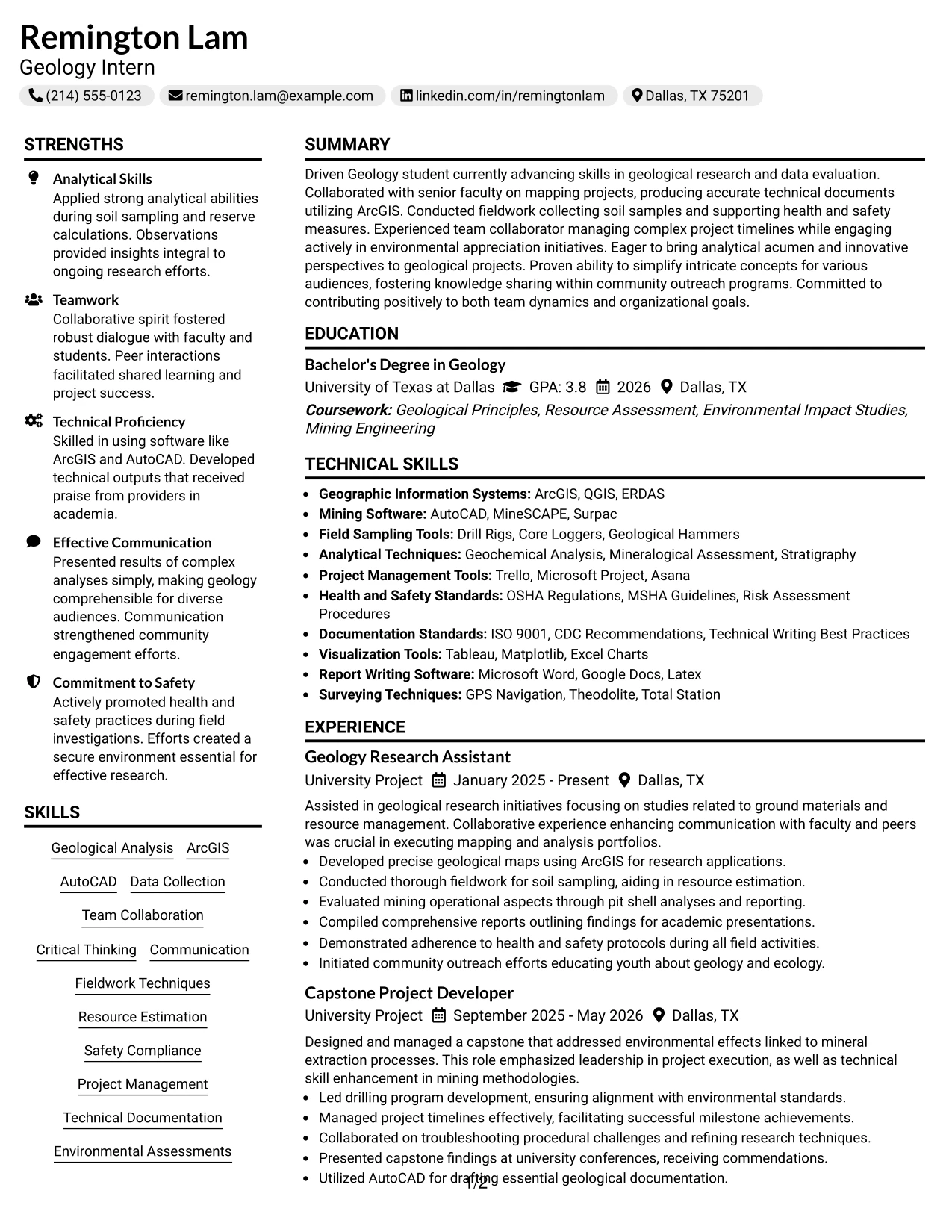 Resume Example Page 1