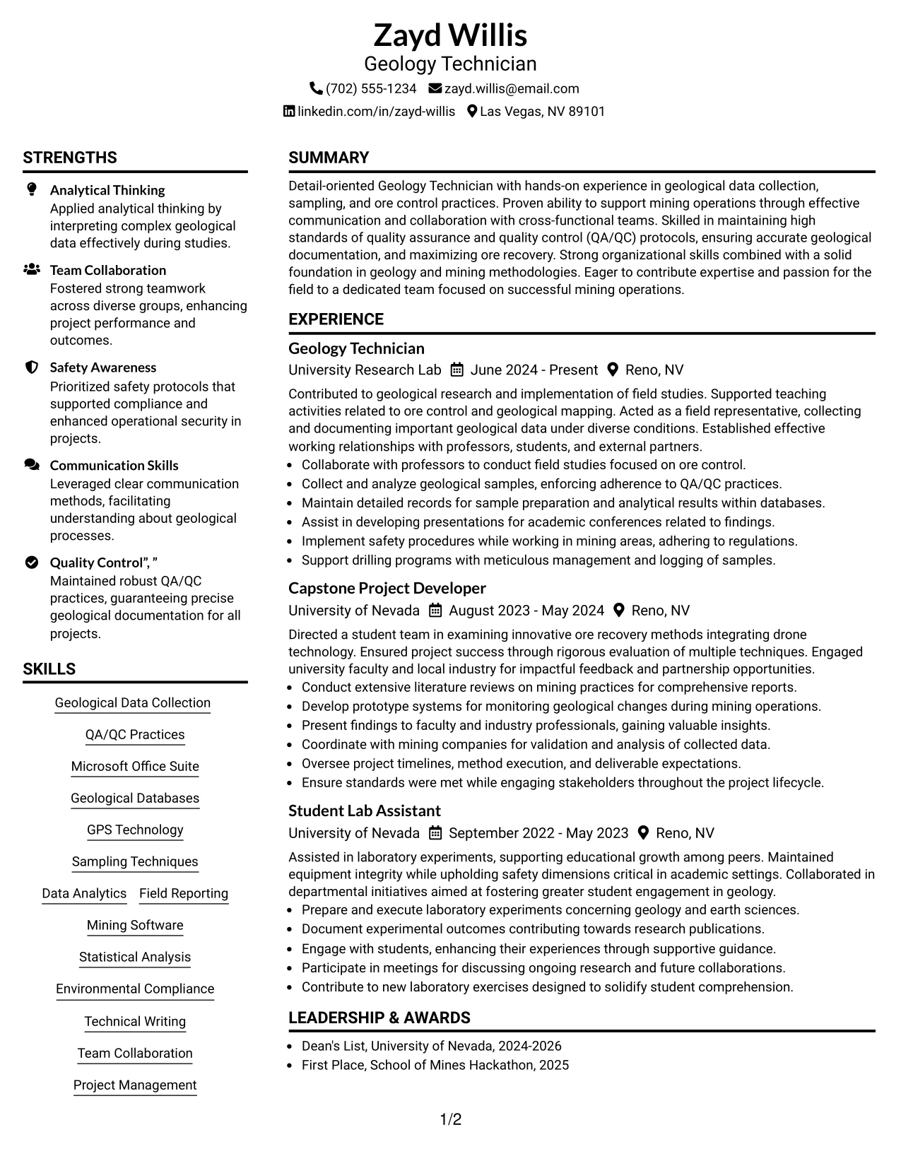 Resume Example Page 1