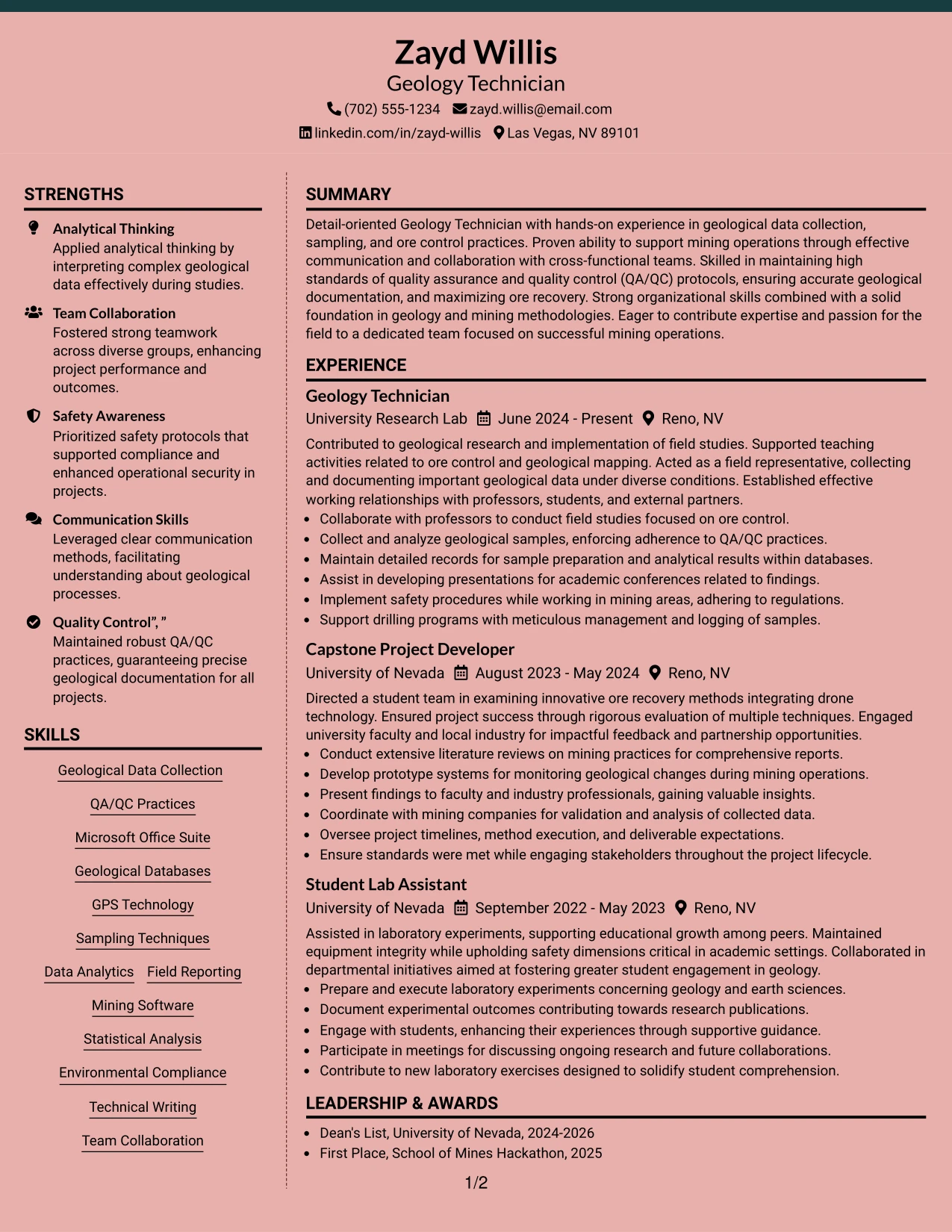 Resume Example Page 1