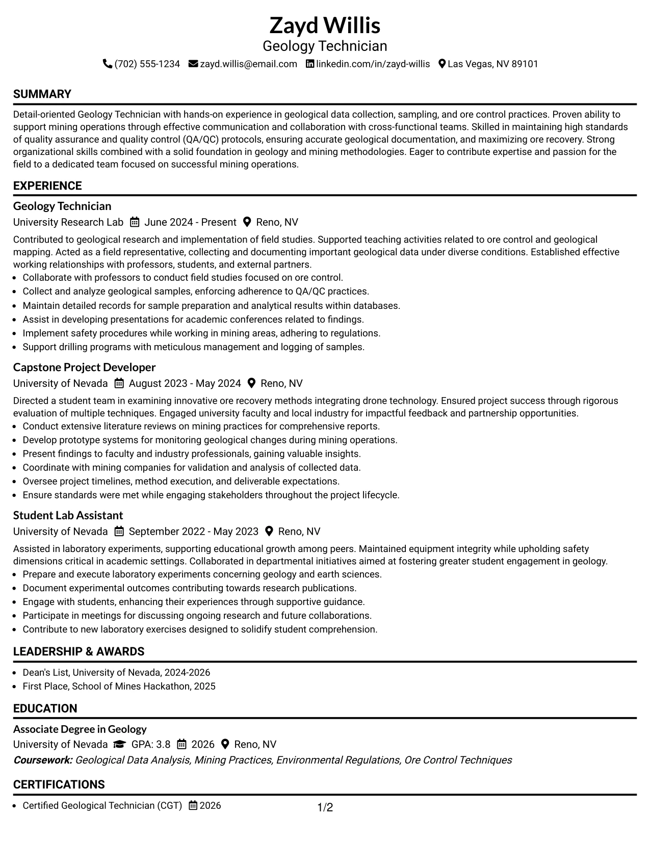 Resume Example Page 1