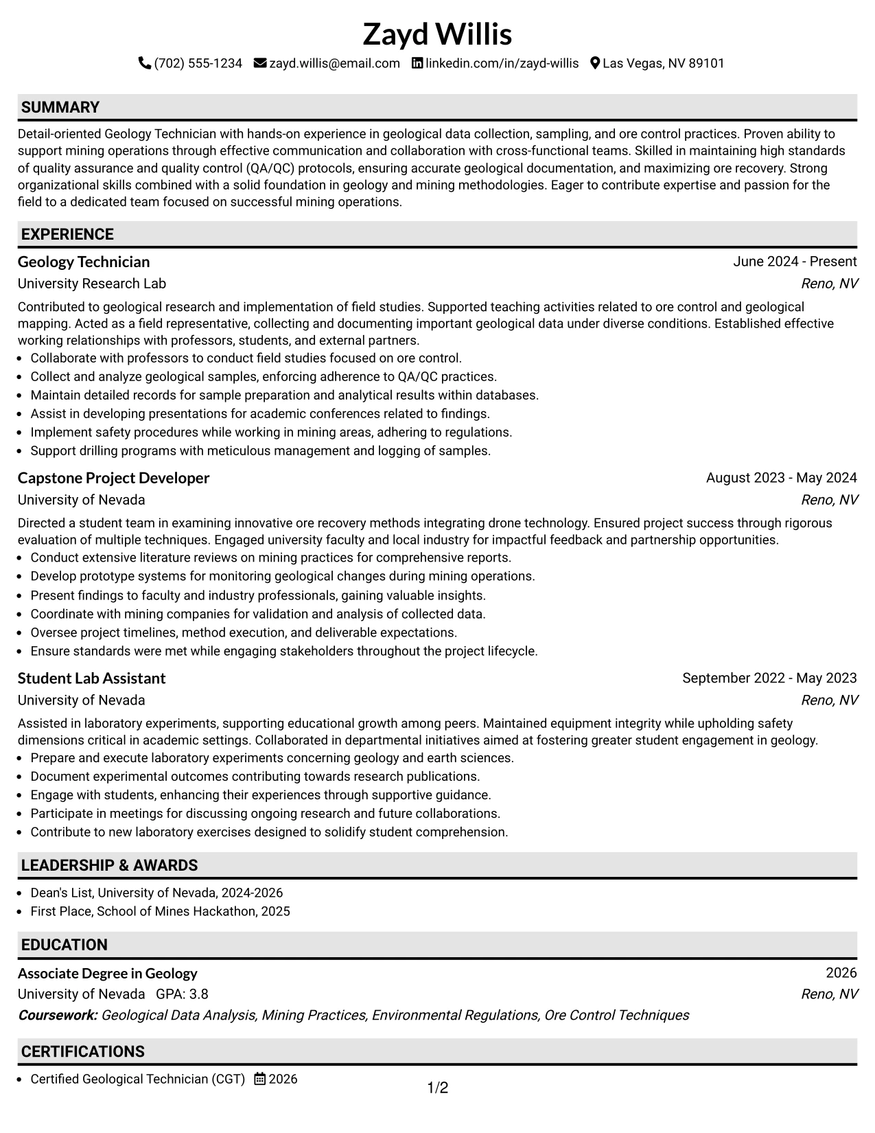 Resume Example Page 1