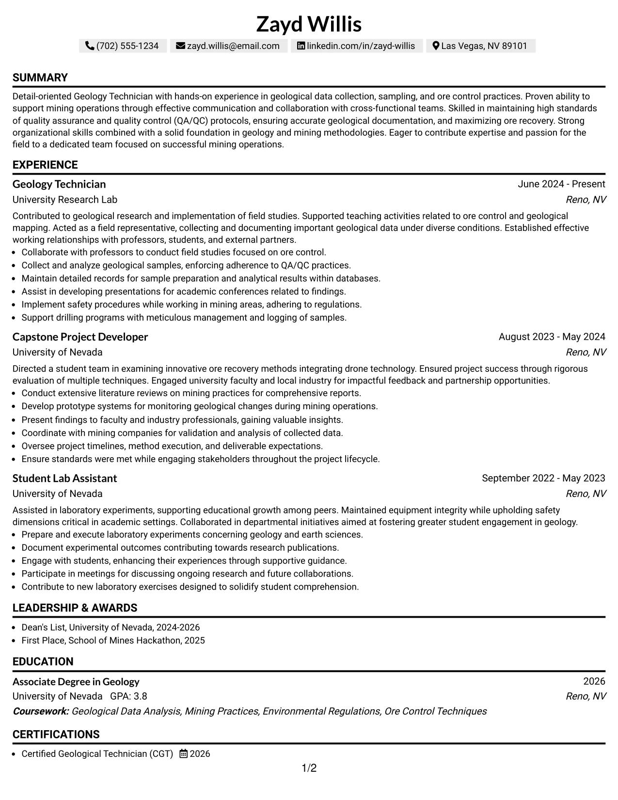Resume Example Page 1