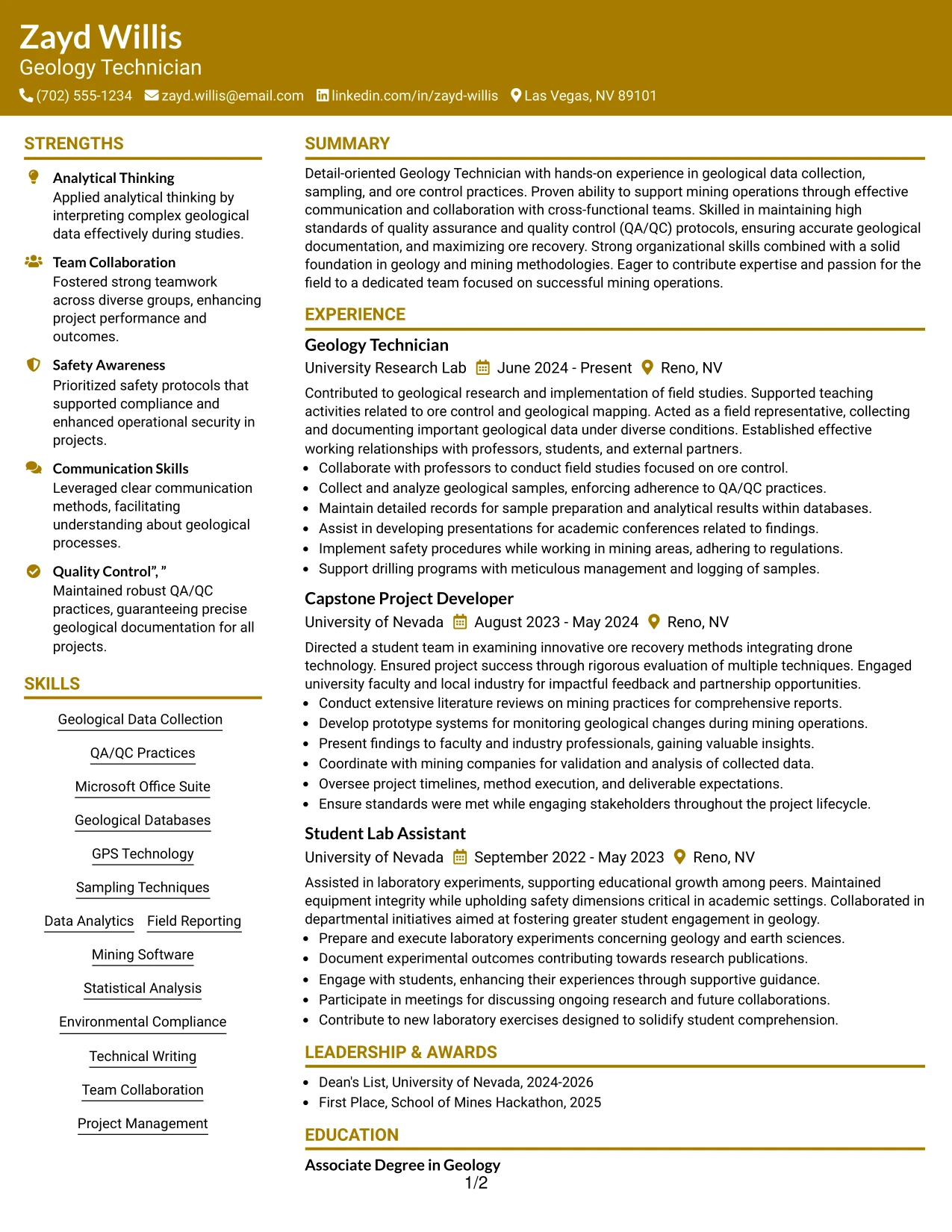 Resume Example Page 1