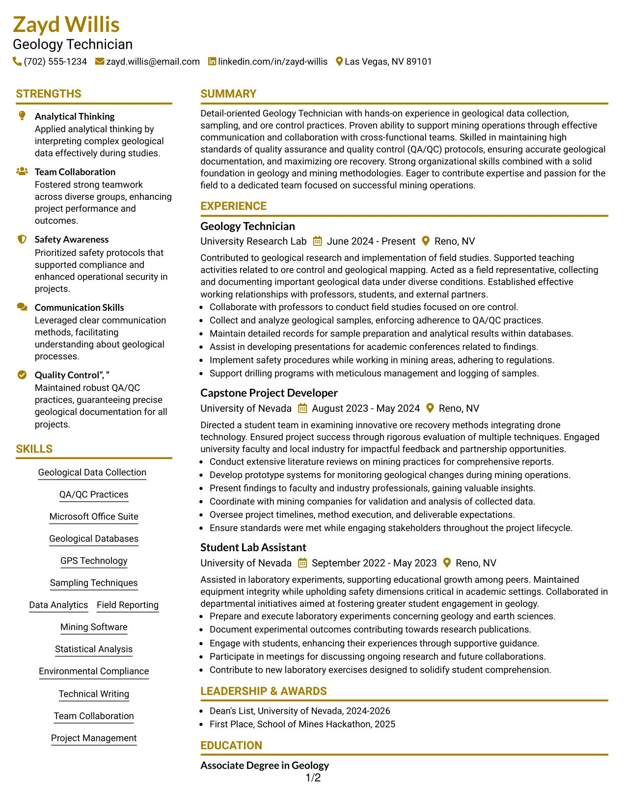 Resume Example Page 1