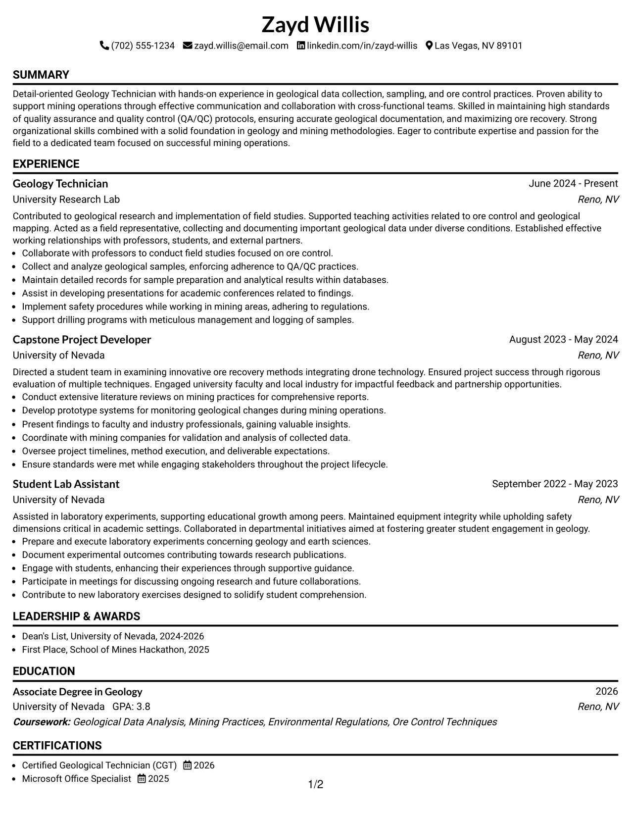 Resume Example Page 1