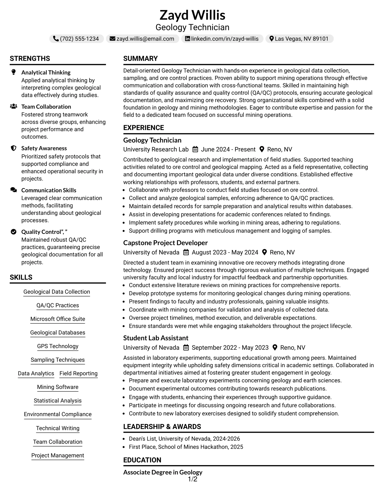 Resume Example Page 1