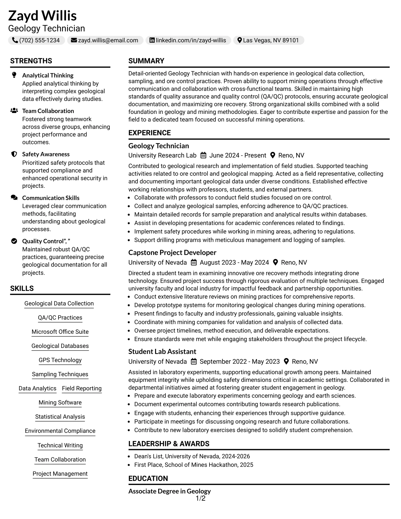 Resume Example Page 1
