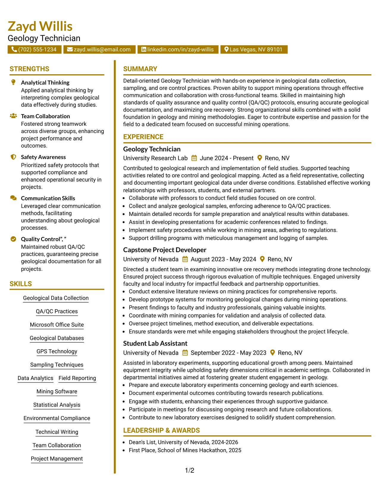 Resume Example Page 1