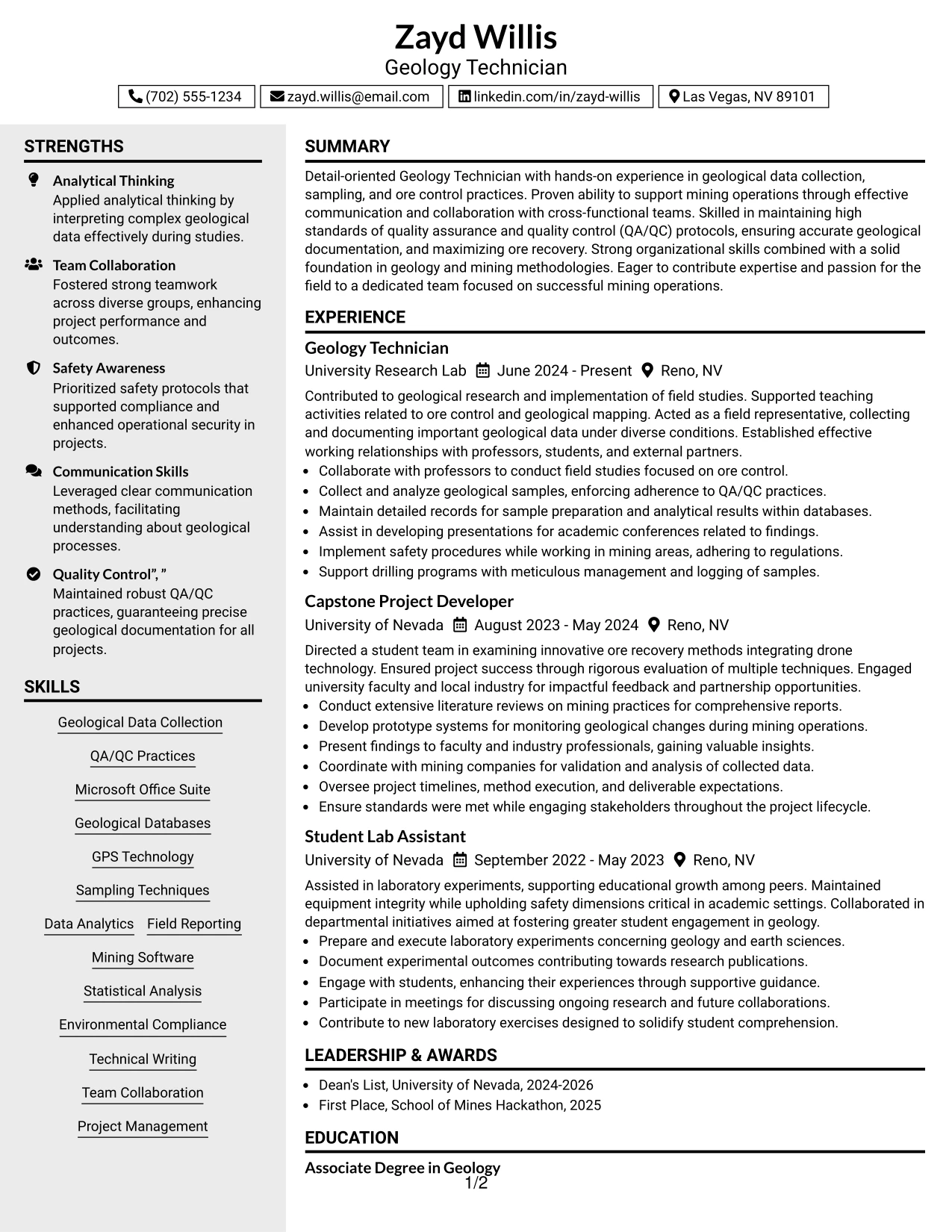 Resume Example Page 1