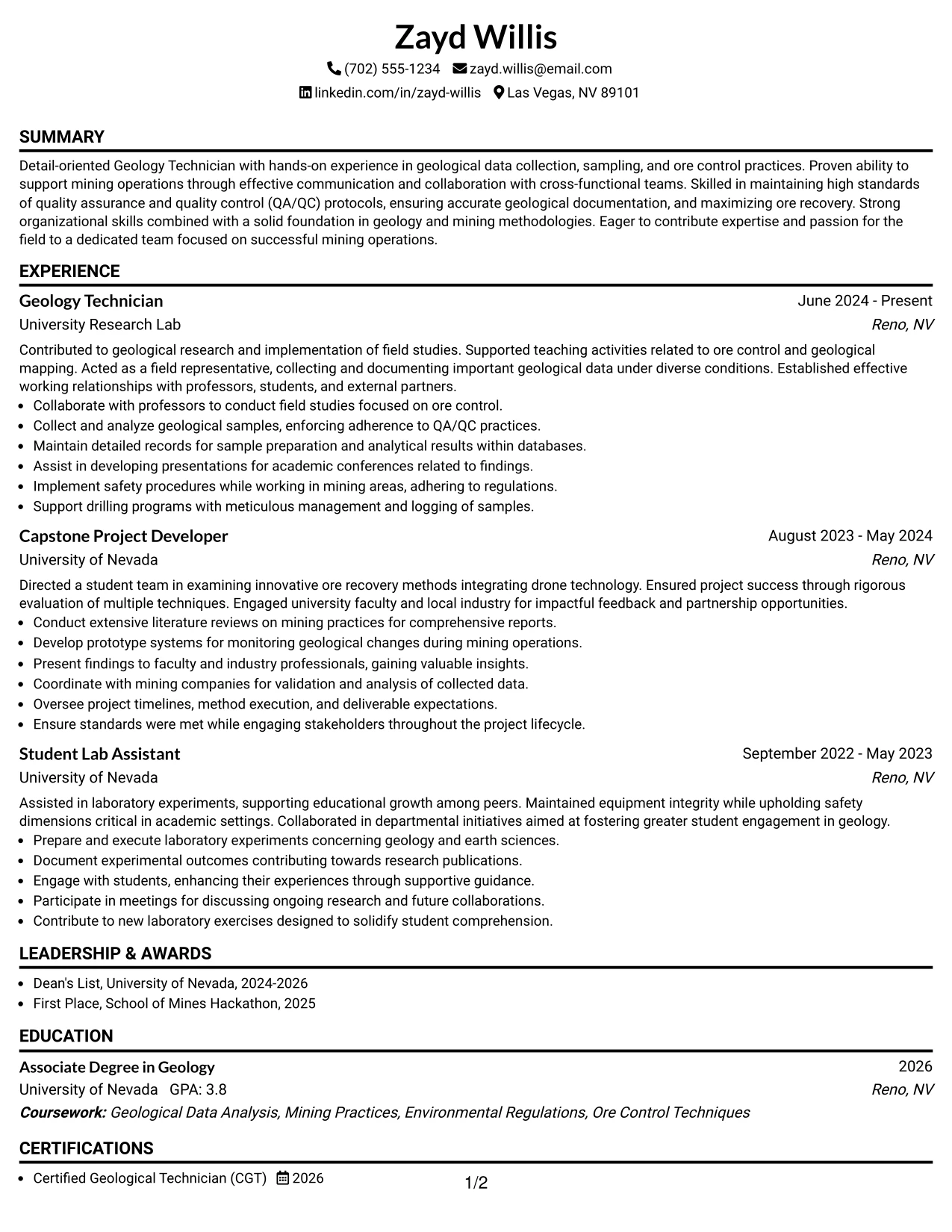 Resume Example Page 1