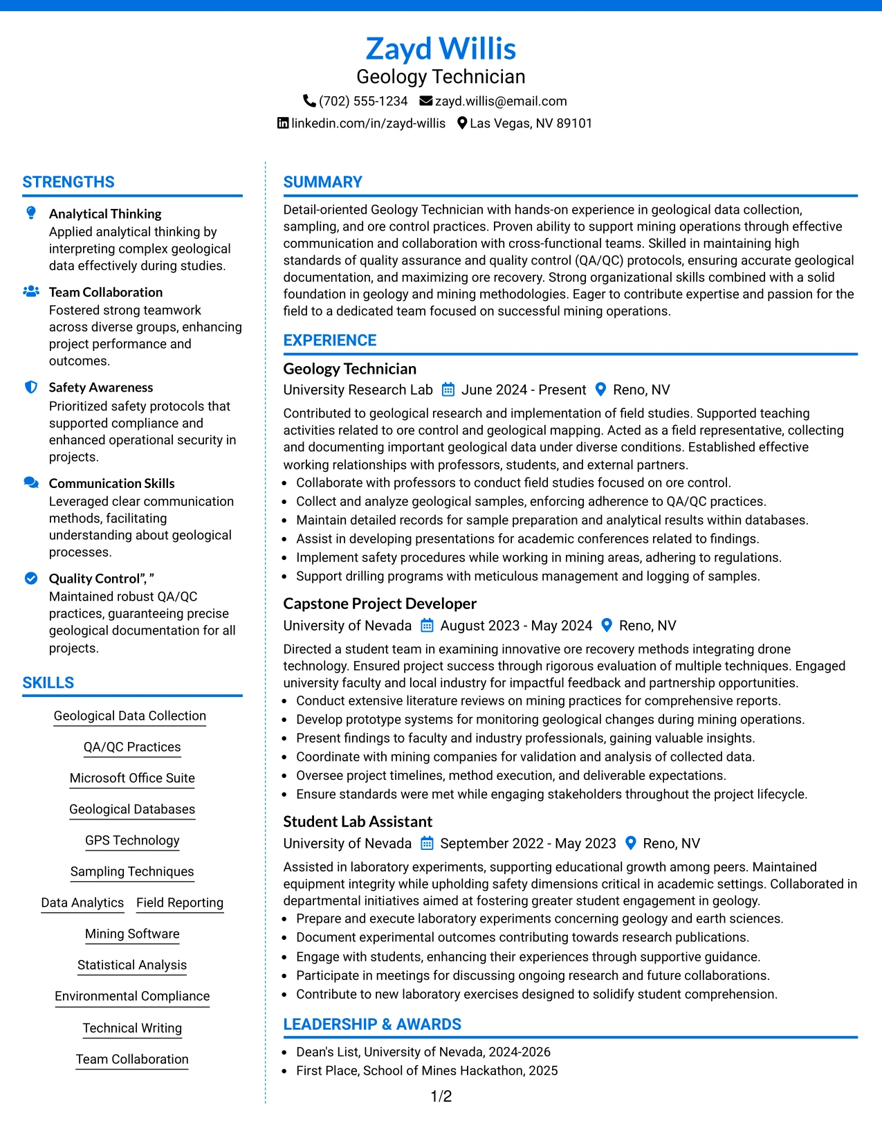 Resume Example Page 1