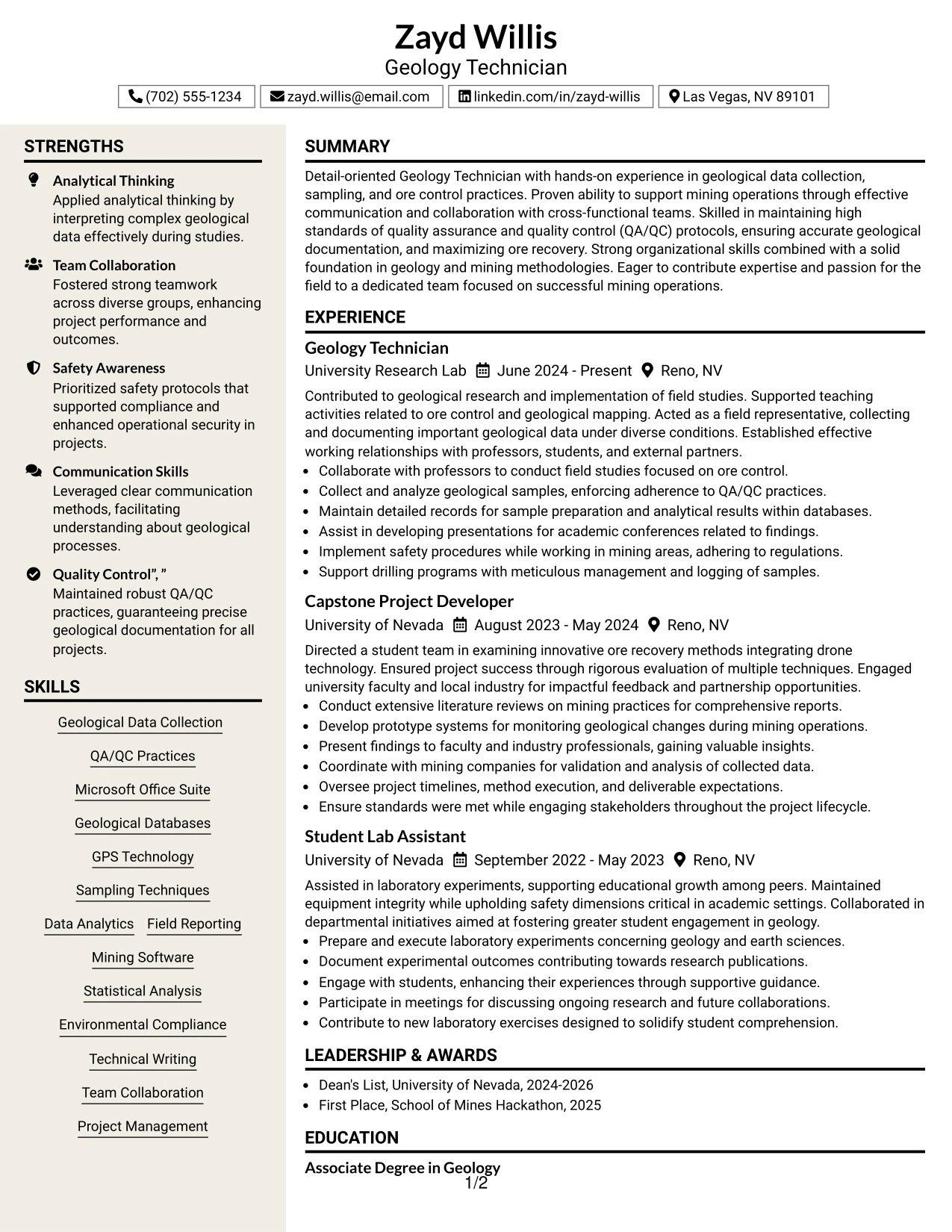 Resume Example Page 1