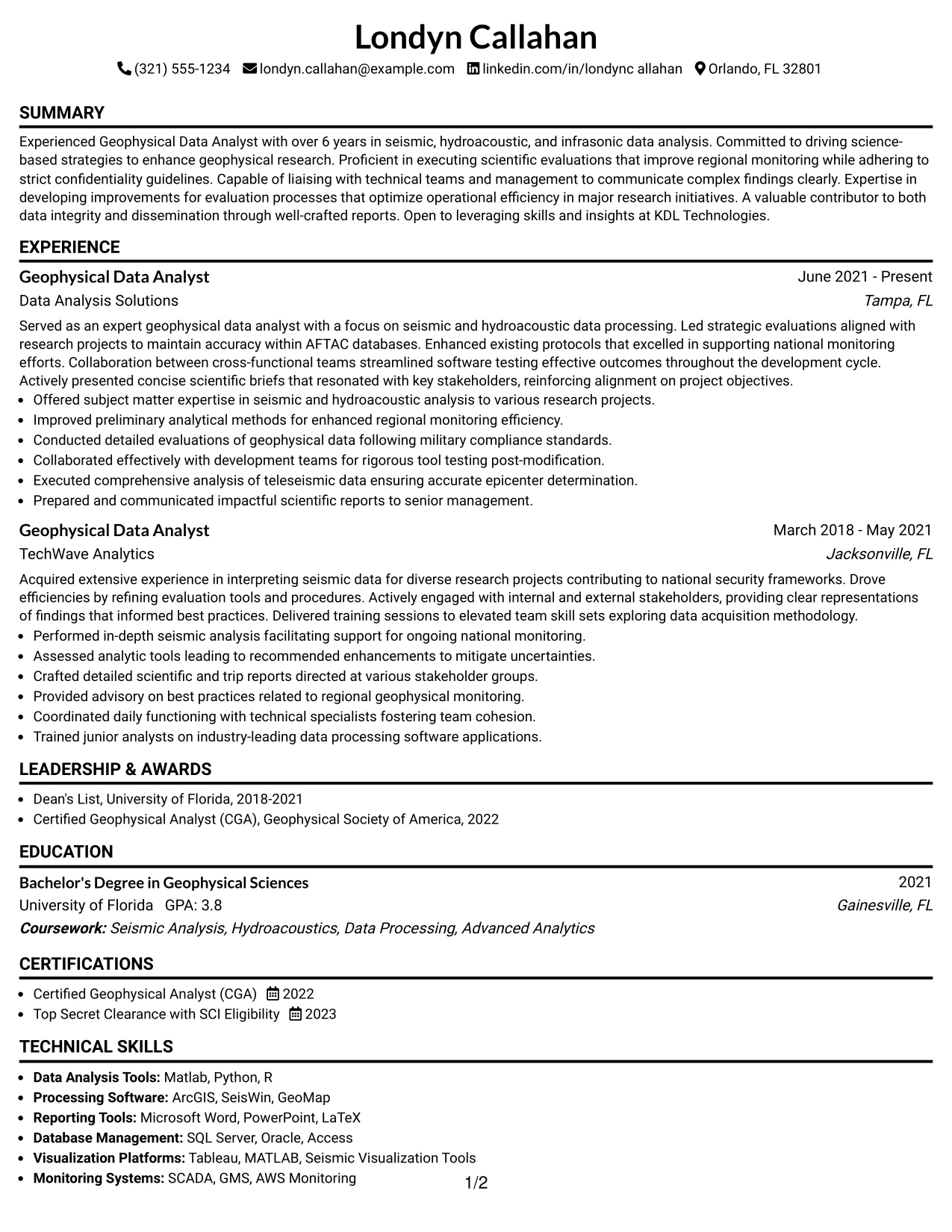 Resume Example Page 1