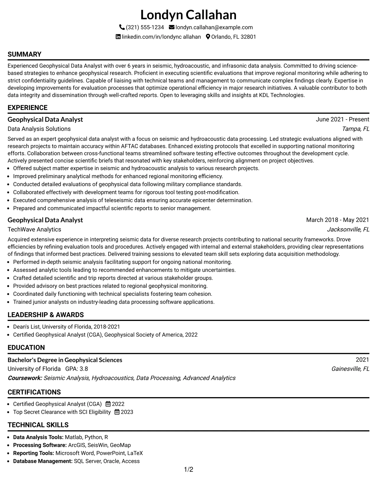 Resume Example Page 1