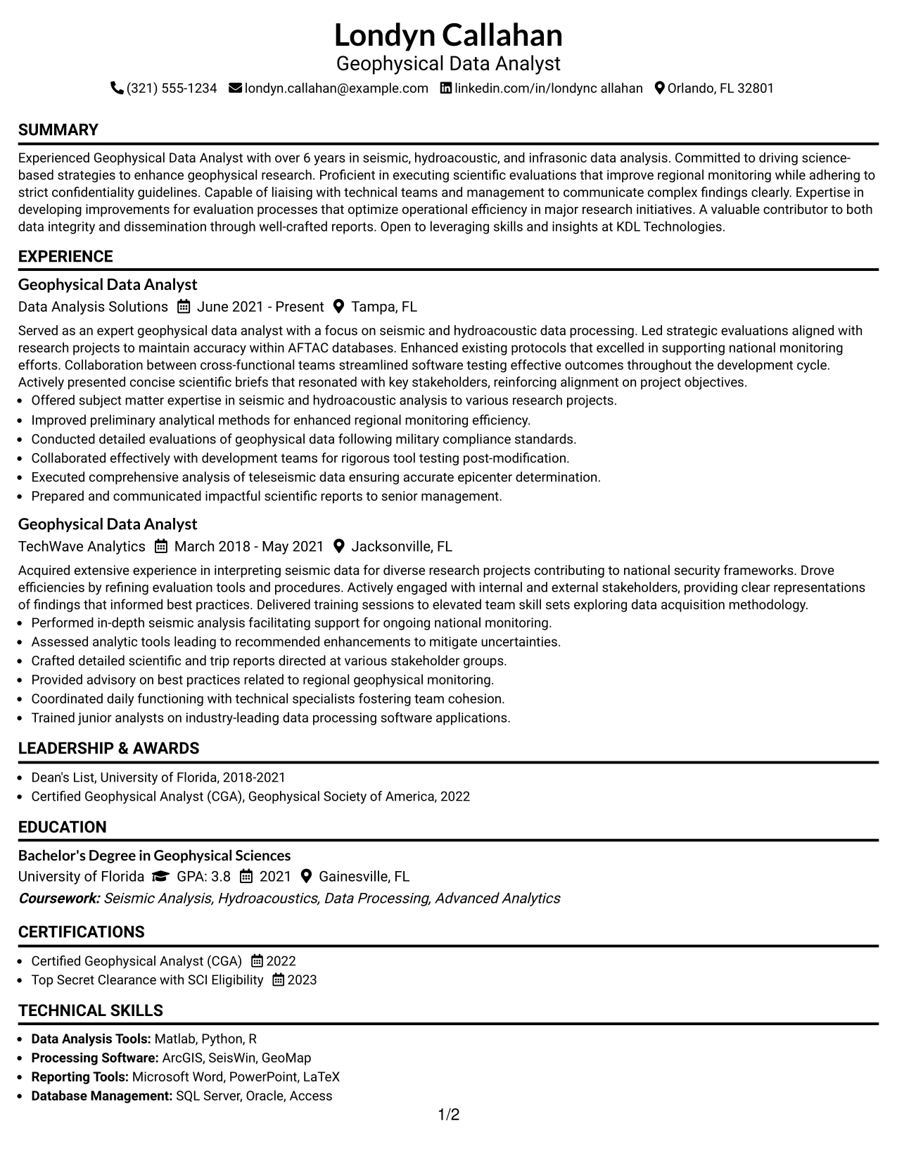 Resume Example Page 1