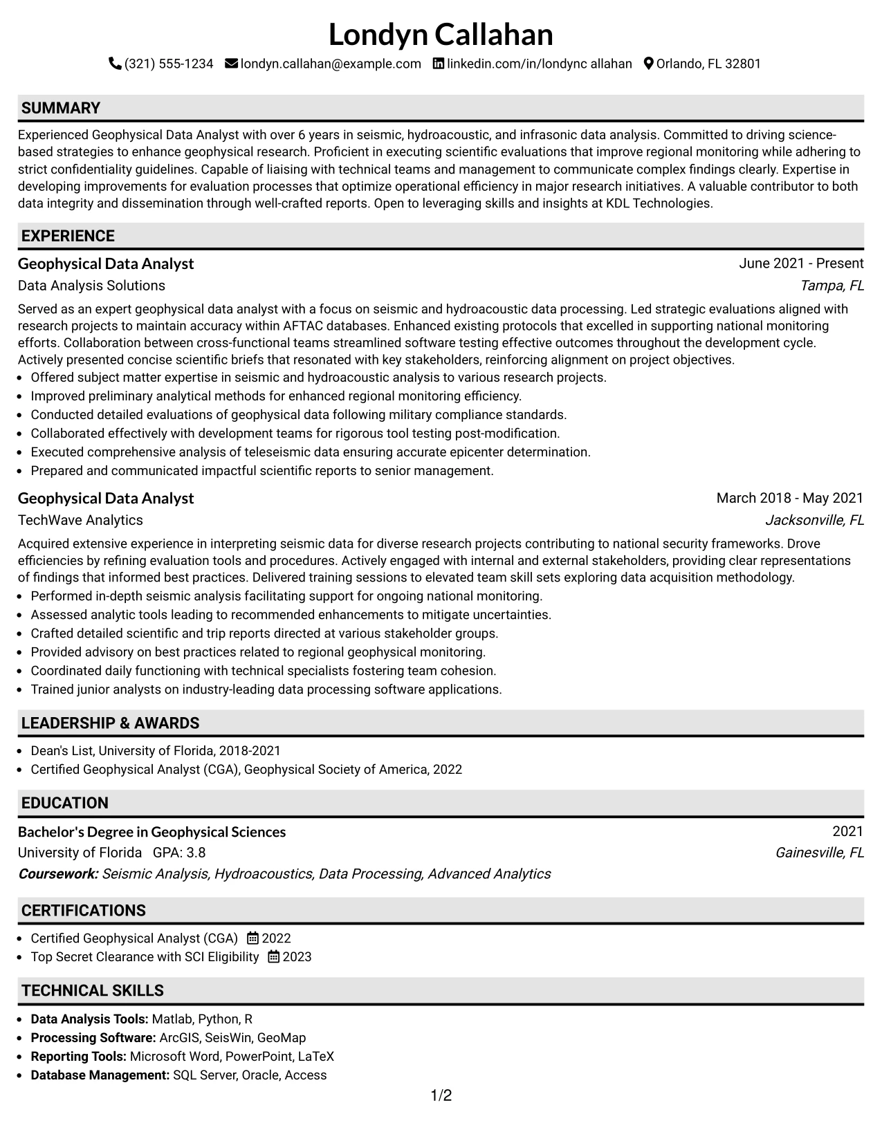 Resume Example Page 1