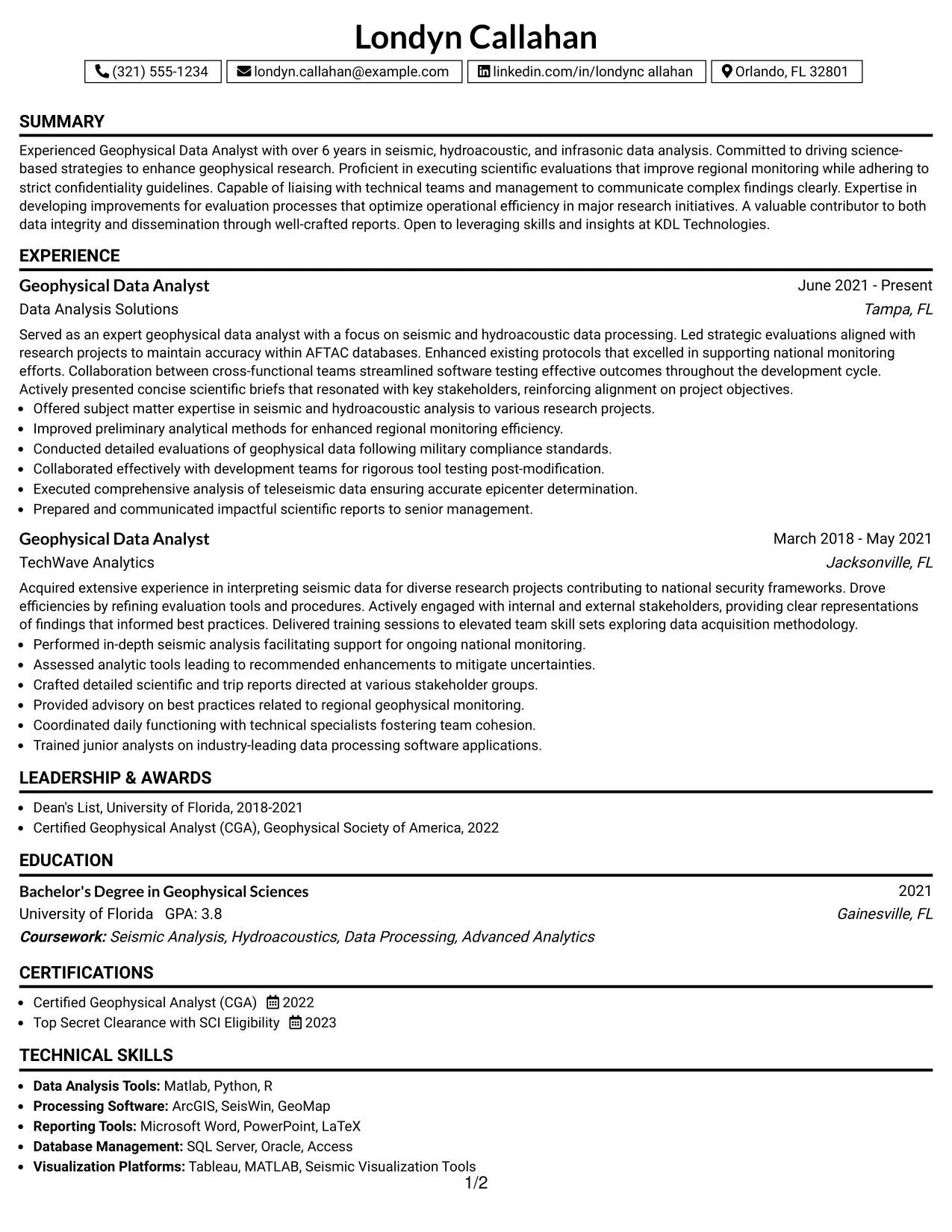 Resume Example Page 1