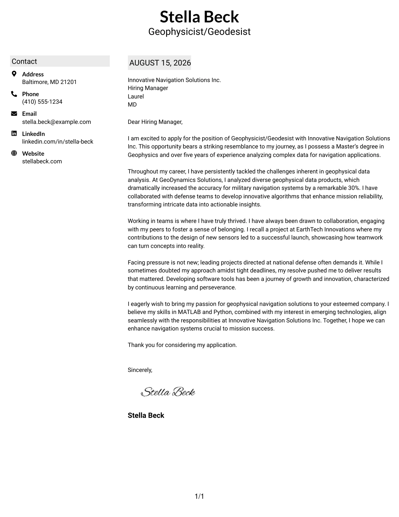 Resume Example Page 1
