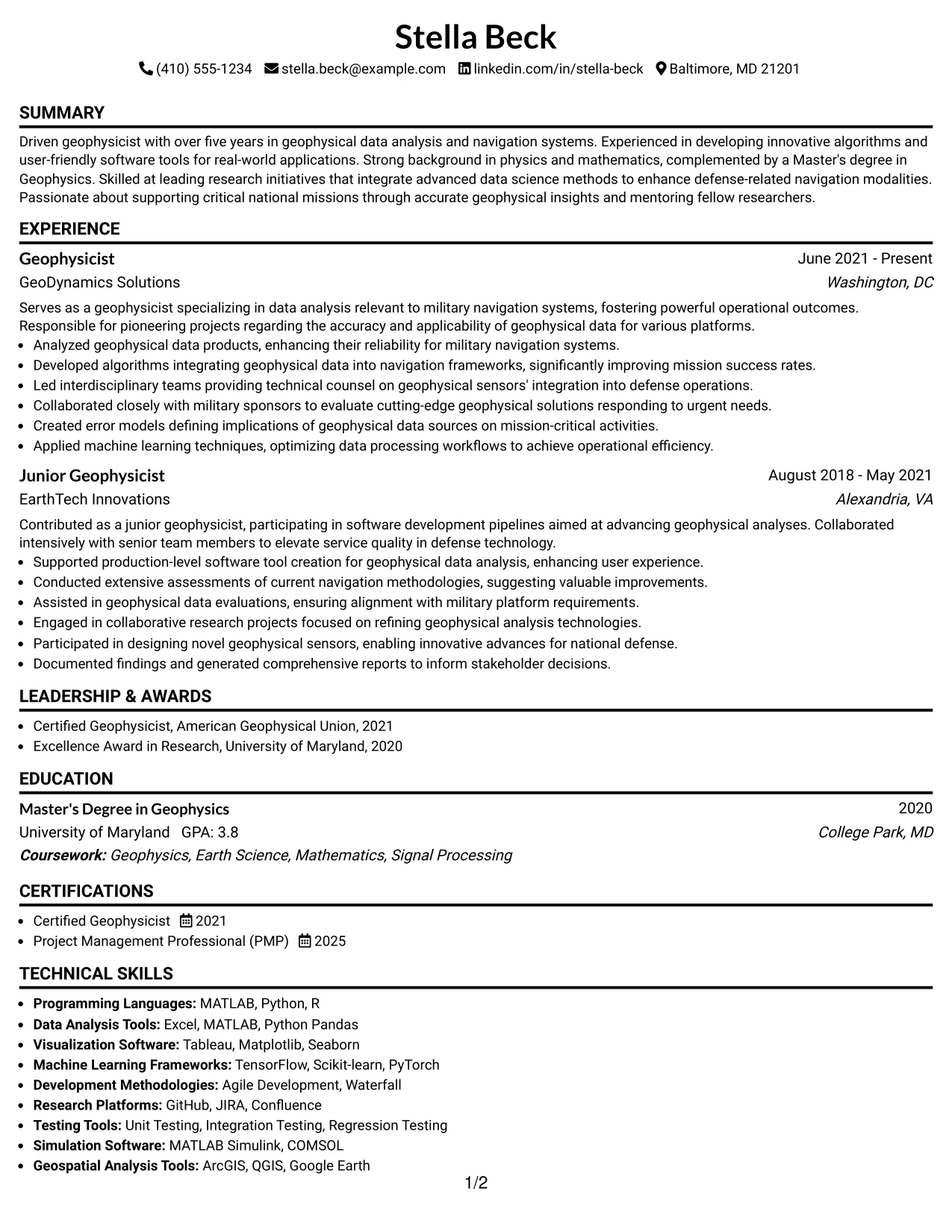 Resume Example Page 1
