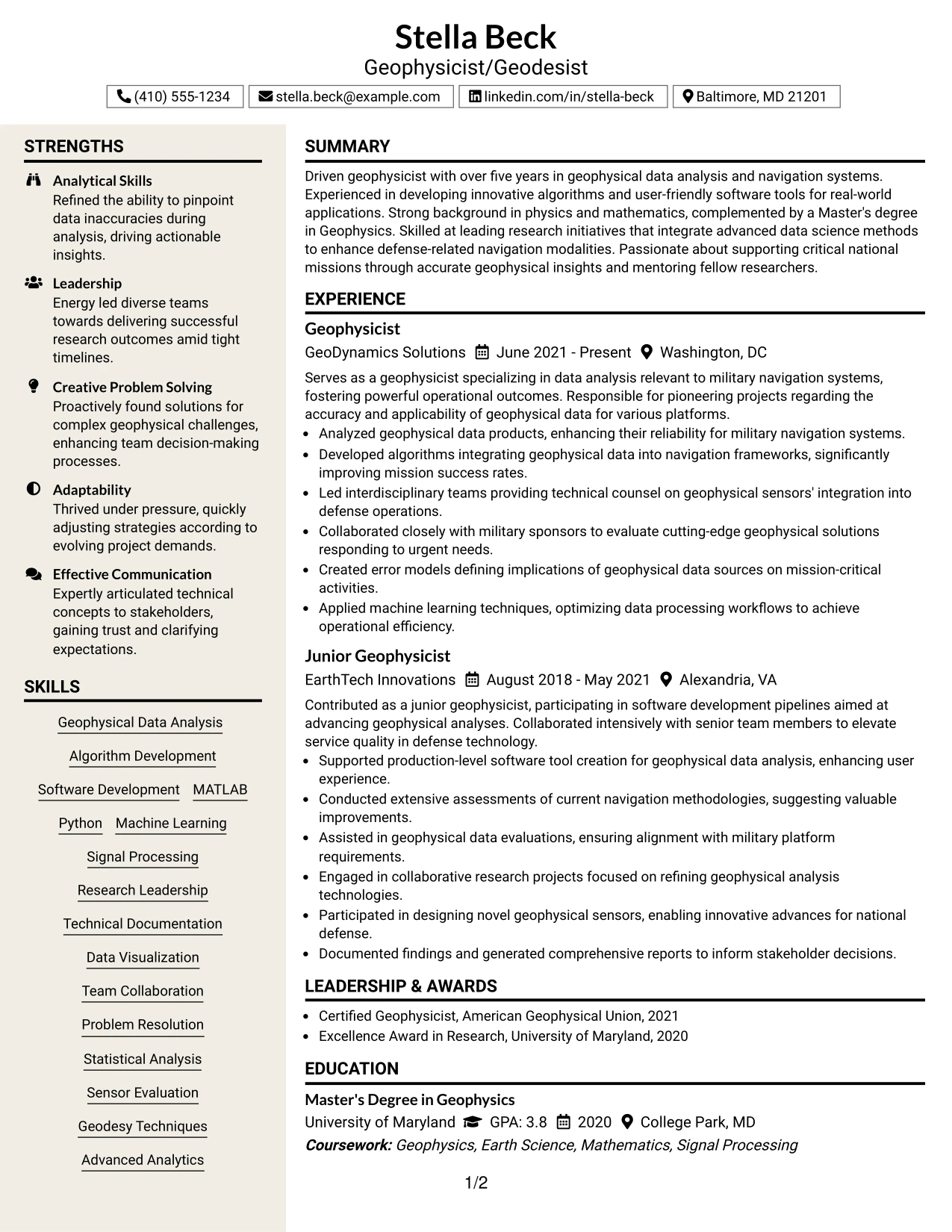 Resume Example Page 1