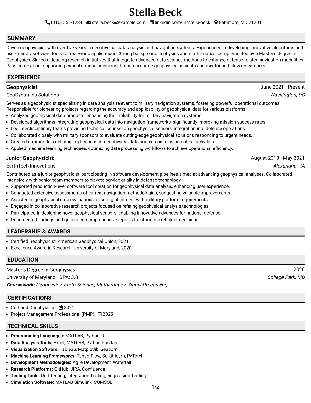 Resume Example Page 1