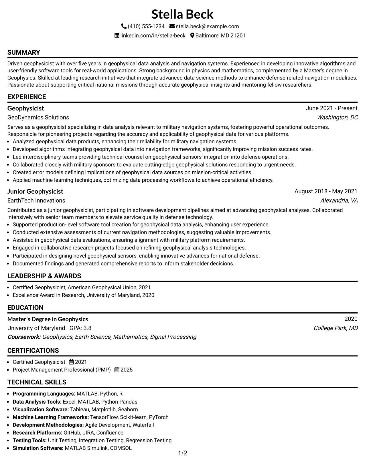 Resume Example Page 1