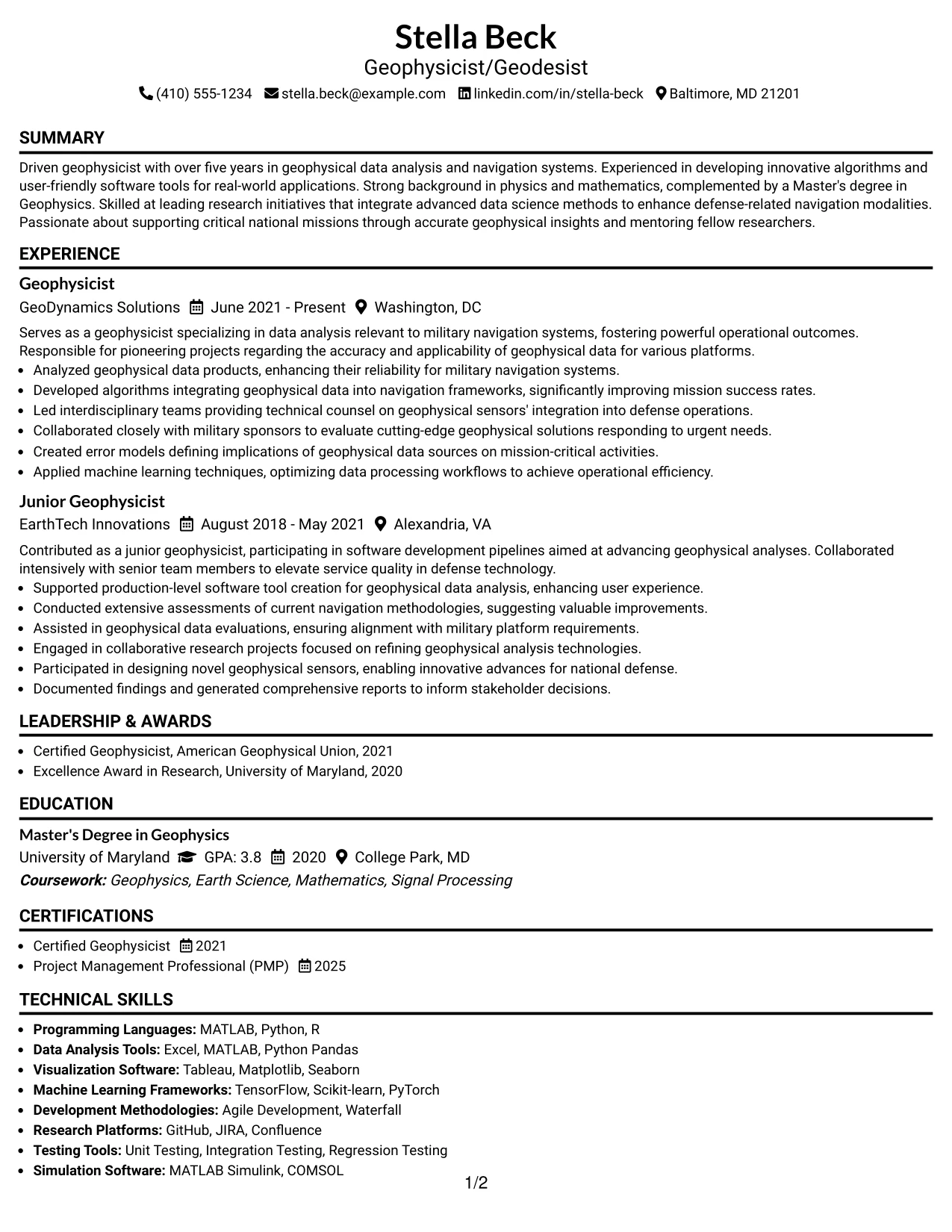 Resume Example Page 1