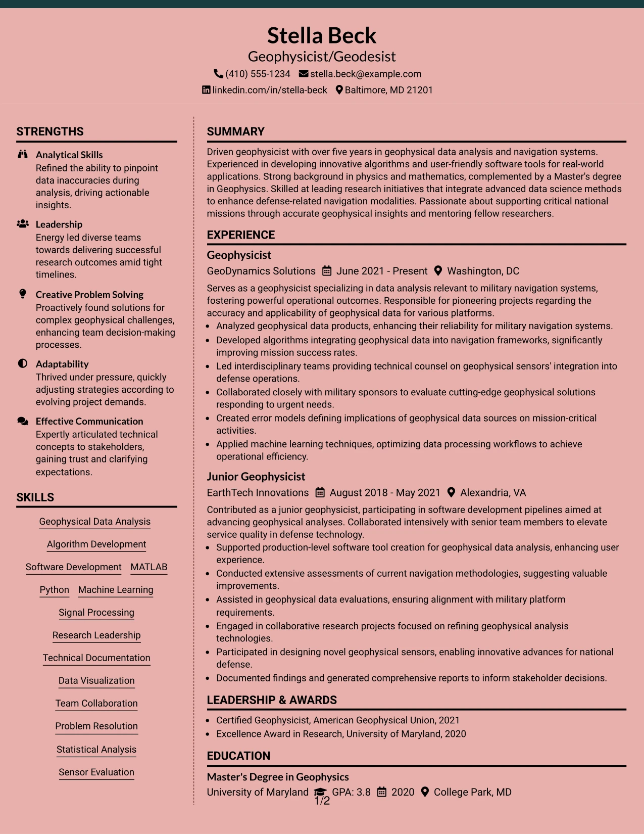 Resume Example Page 1