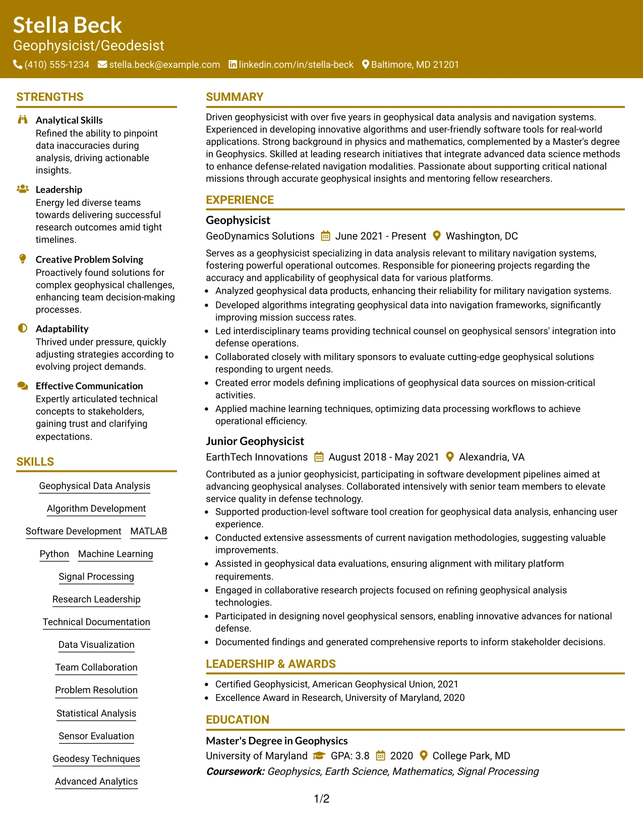 Resume Example Page 1