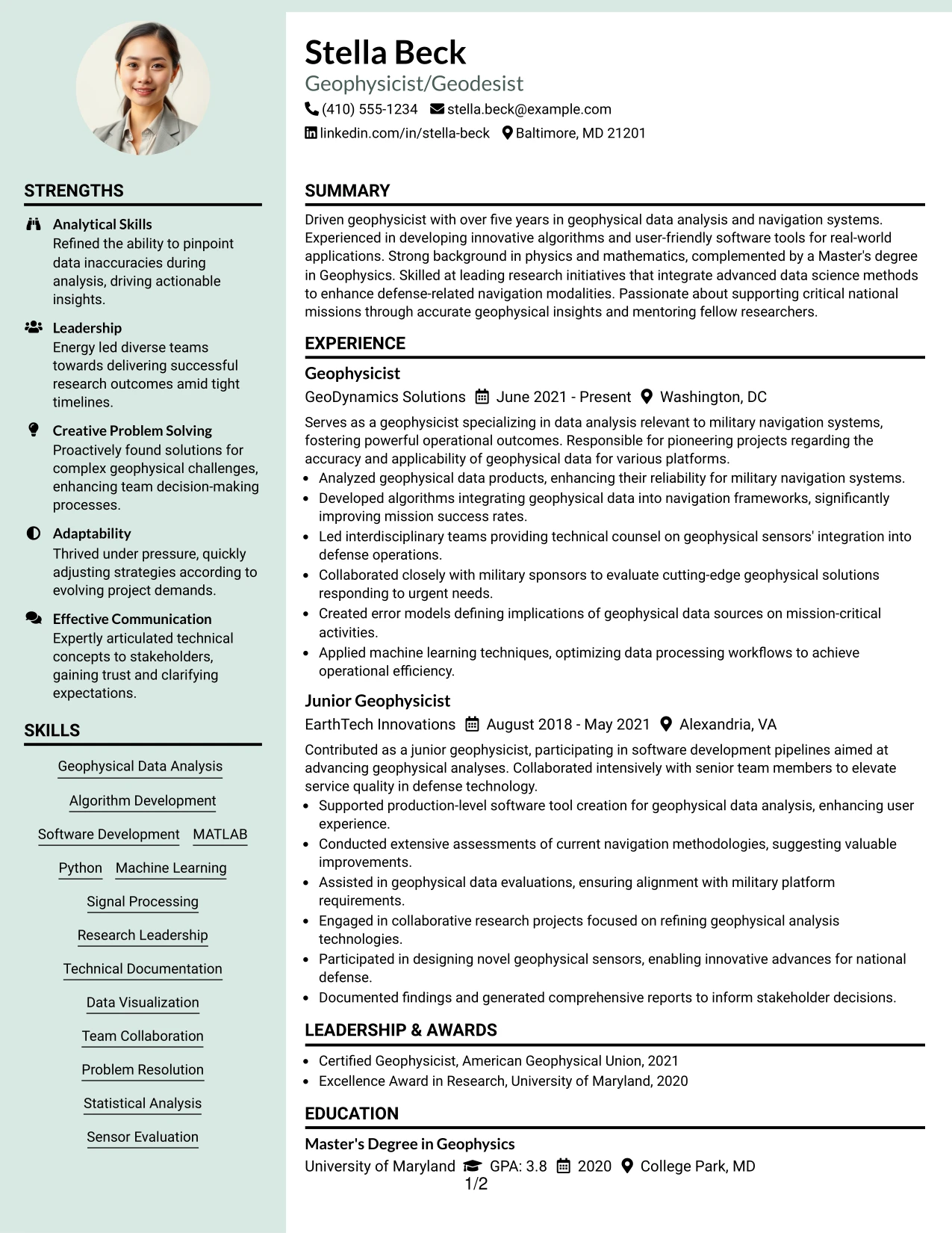 Resume Example Page 1