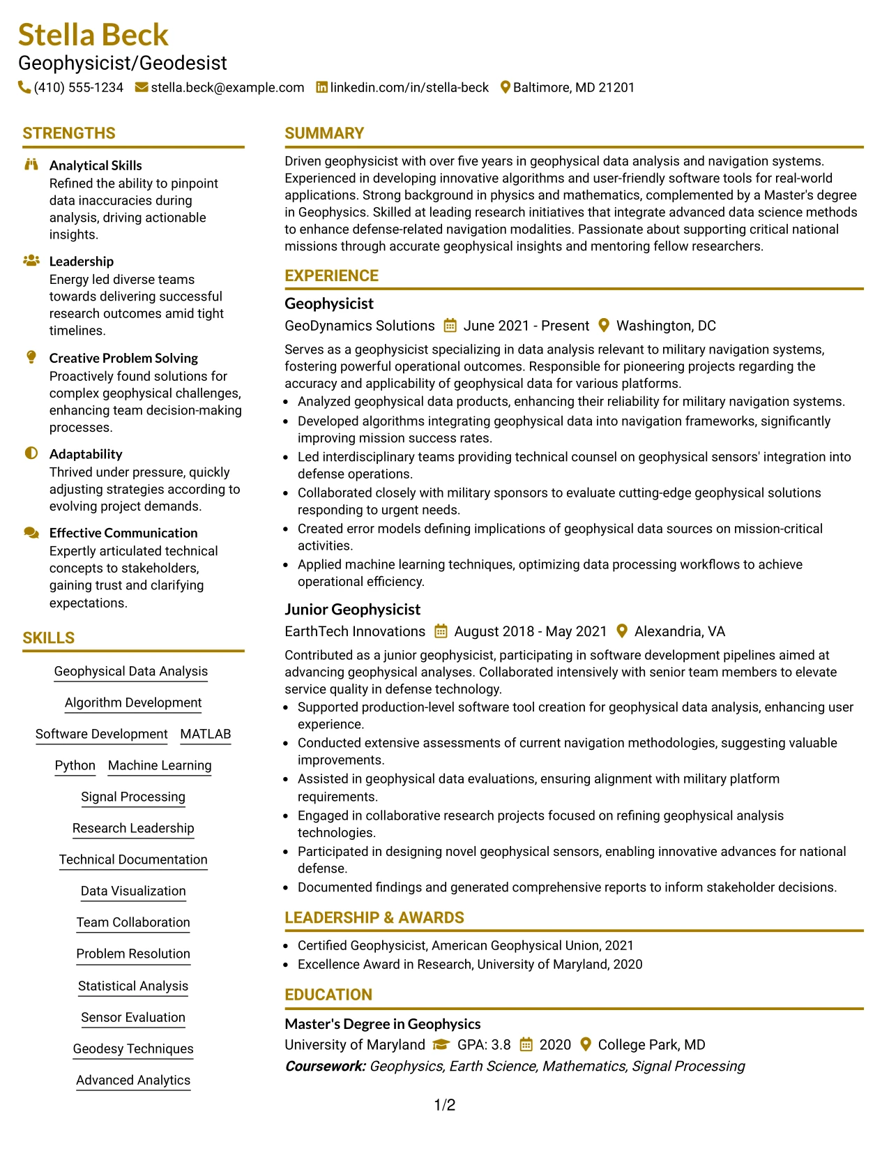 Resume Example Page 1