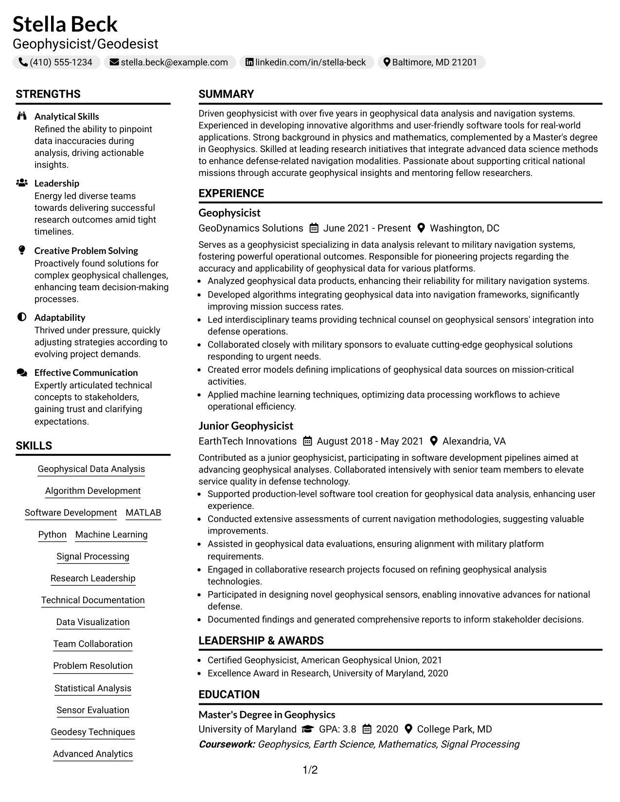Resume Example Page 1