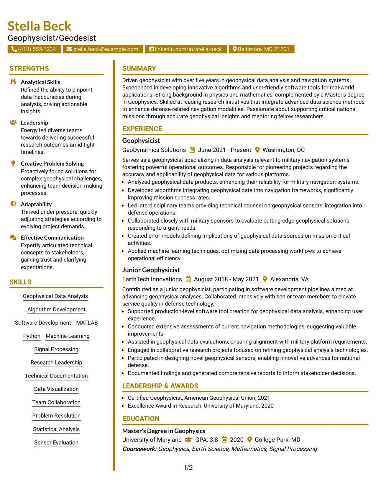 Resume Example Page 1
