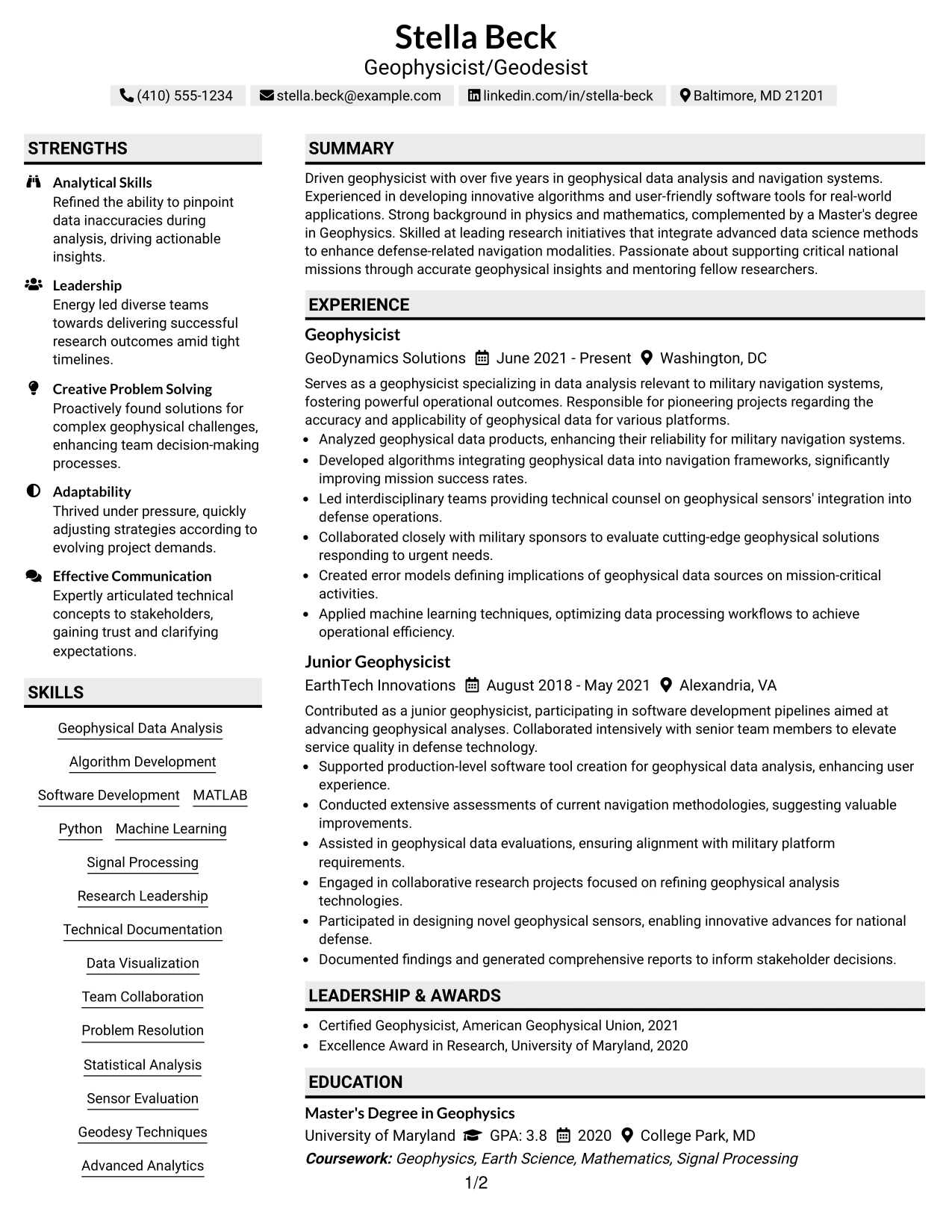 Resume Example Page 1